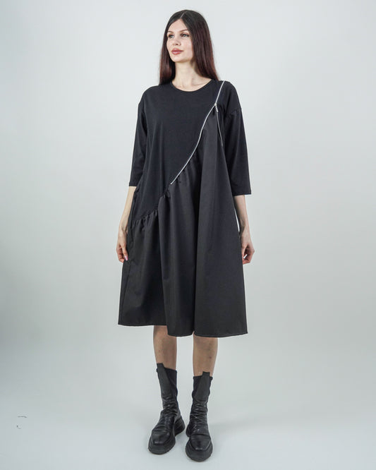 Rochie Neagră cu Fermoar și Mânecă Trei Sferturi (S-XL)