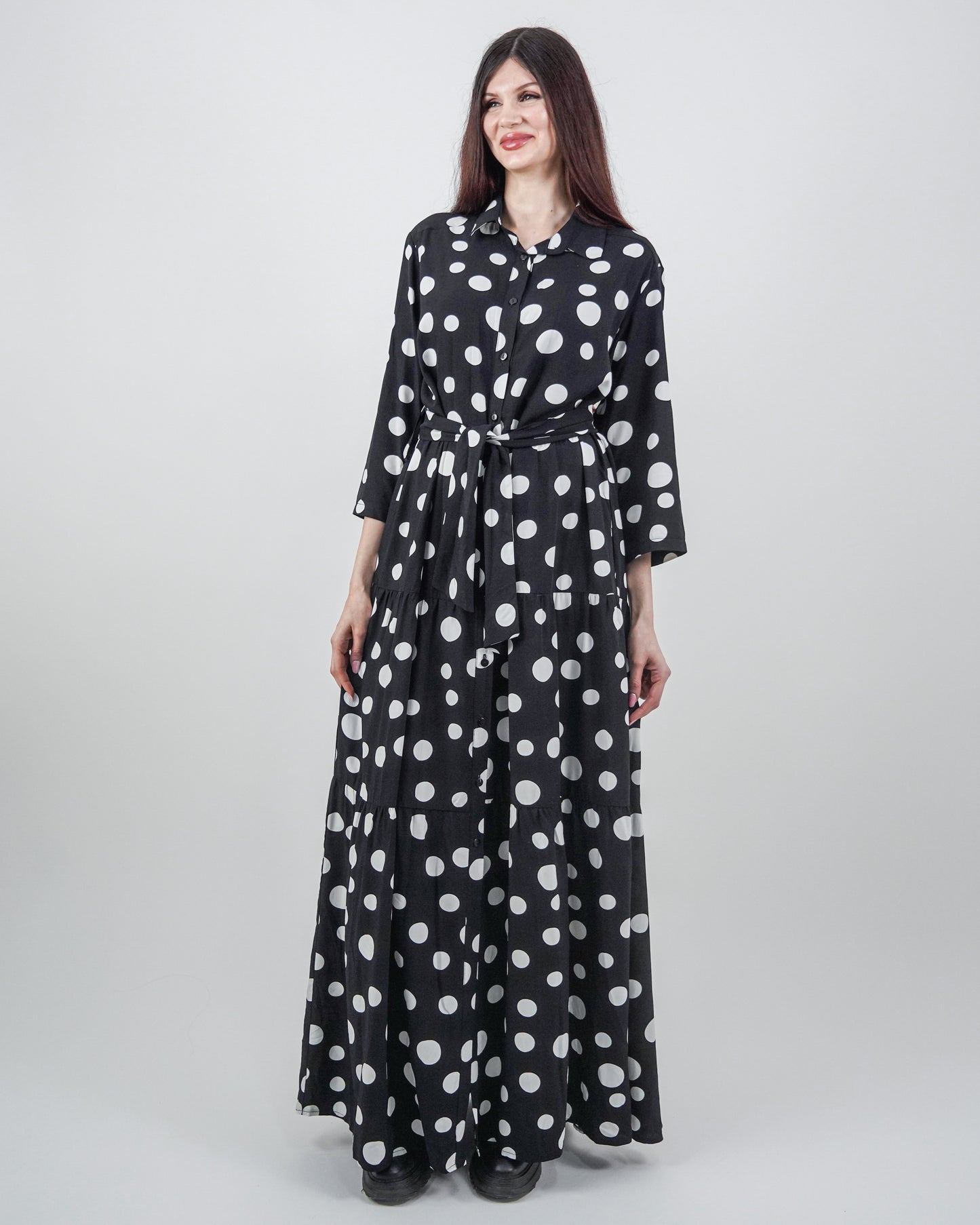 Rochie-Cămașă Neagră cu Volane și Buline (S-XL)