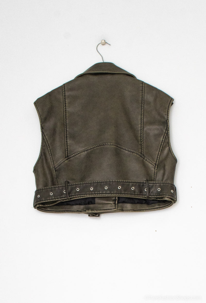 Vestă Biker Cropped din Piele Ecologică Gri | Qarma Selection