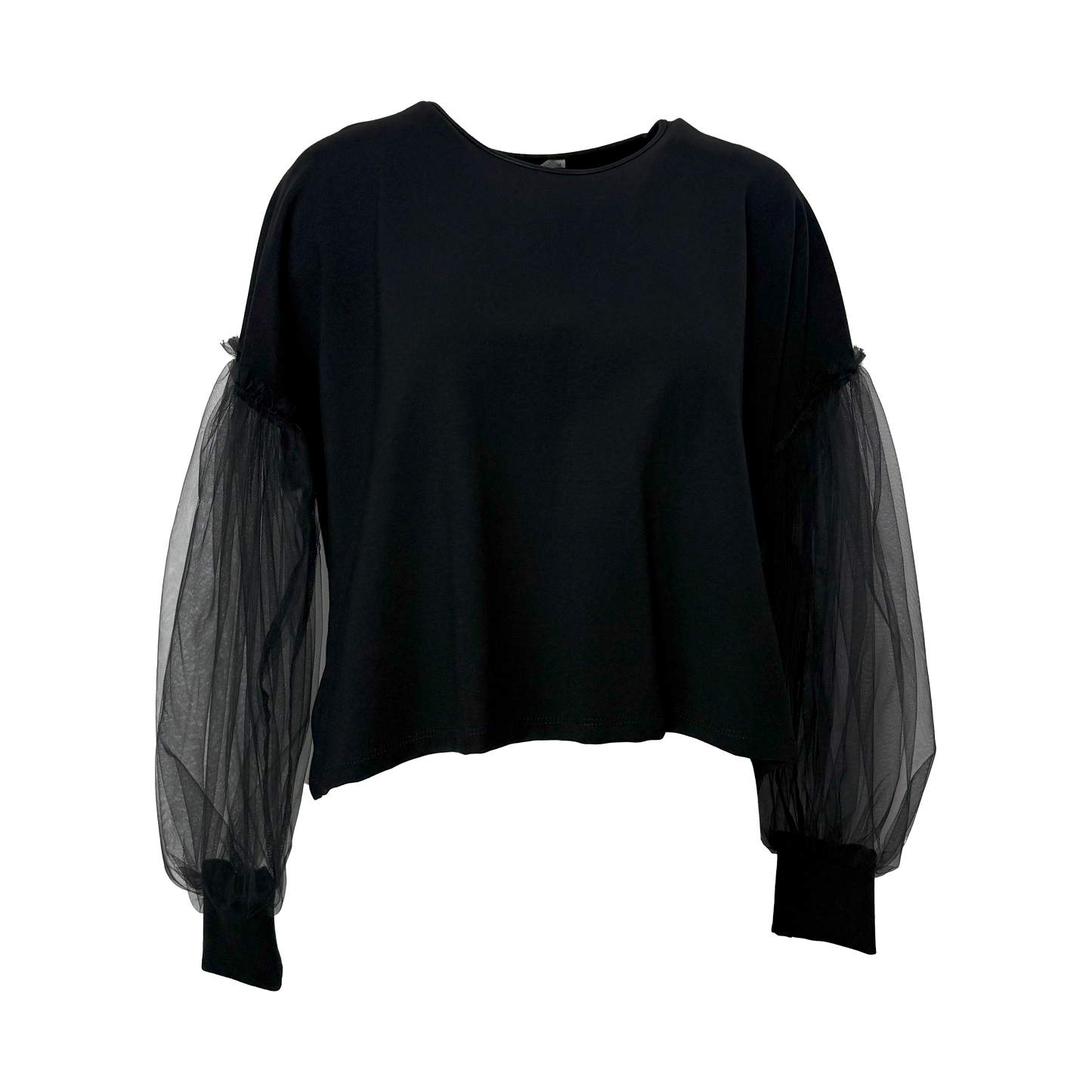 BLUZA NEAGRA DIN CATIFEA SI MANECI DIN TULLE