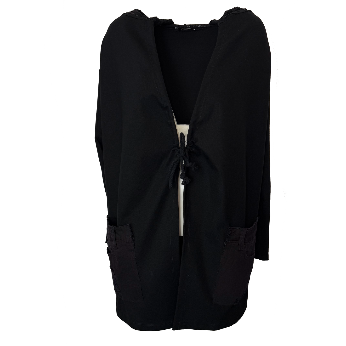 Cardigan negru cu gluga texturata si detalii distressed