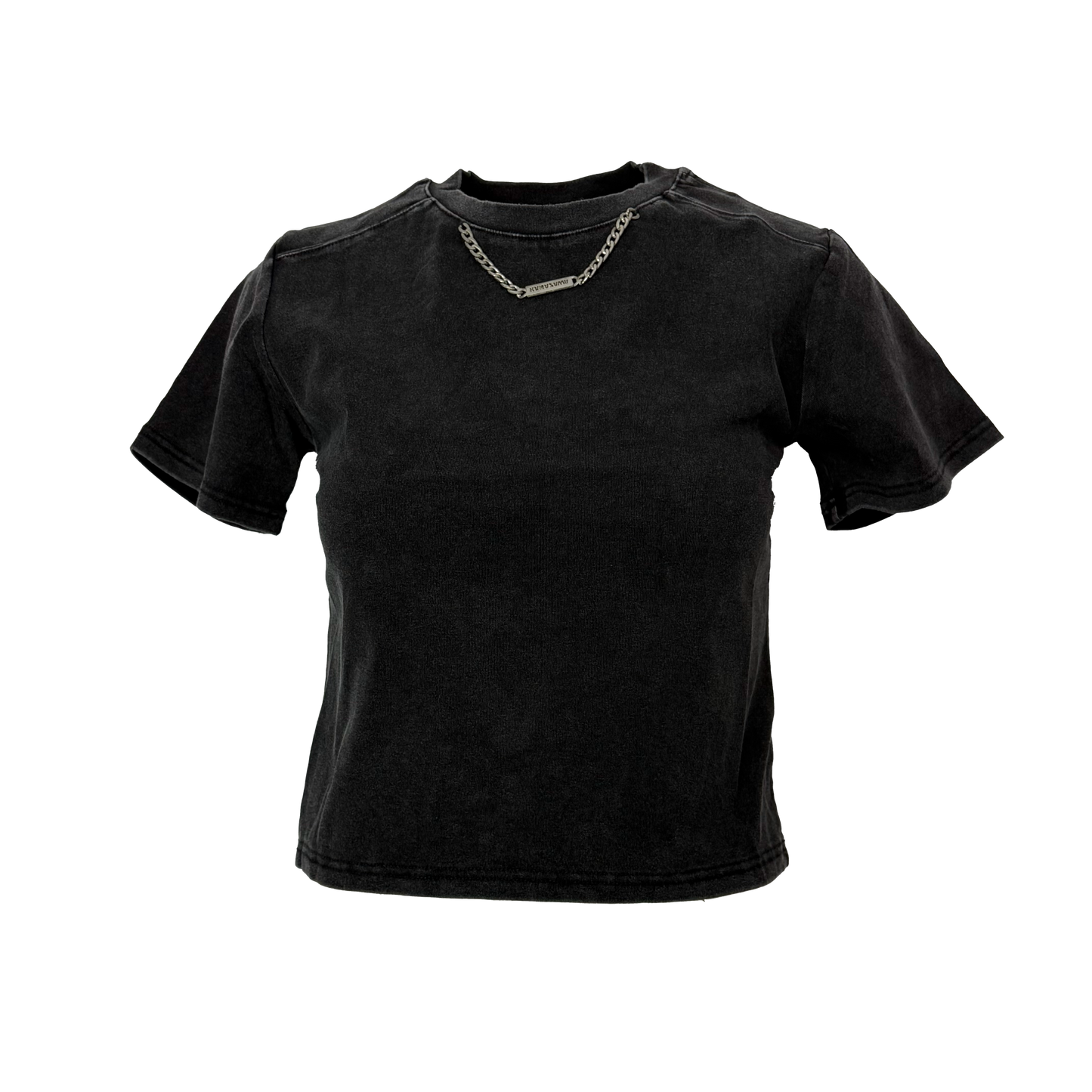 Tricou negru cropped cu lant metalic si efect acid-wash