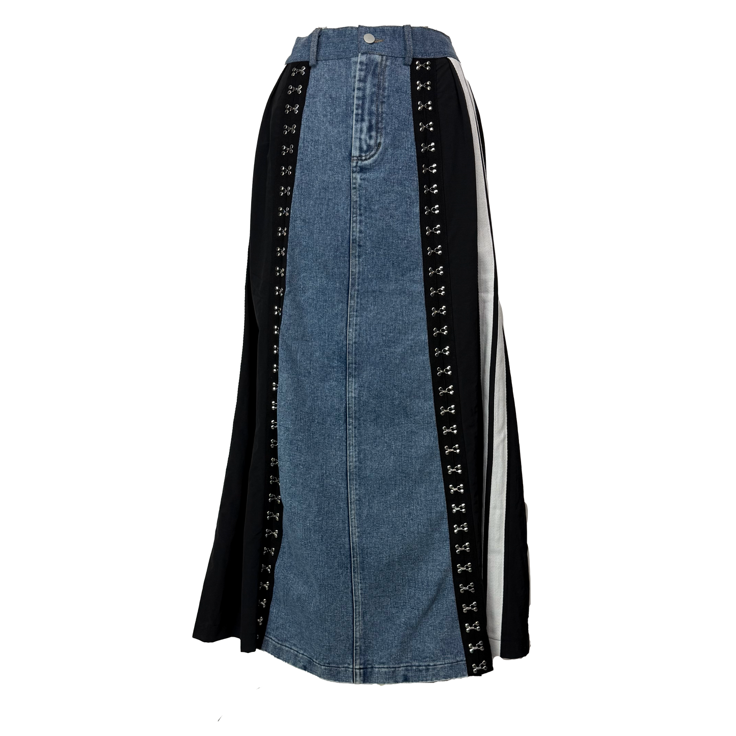 Fusta denim albastra cu insertii negre contrastante