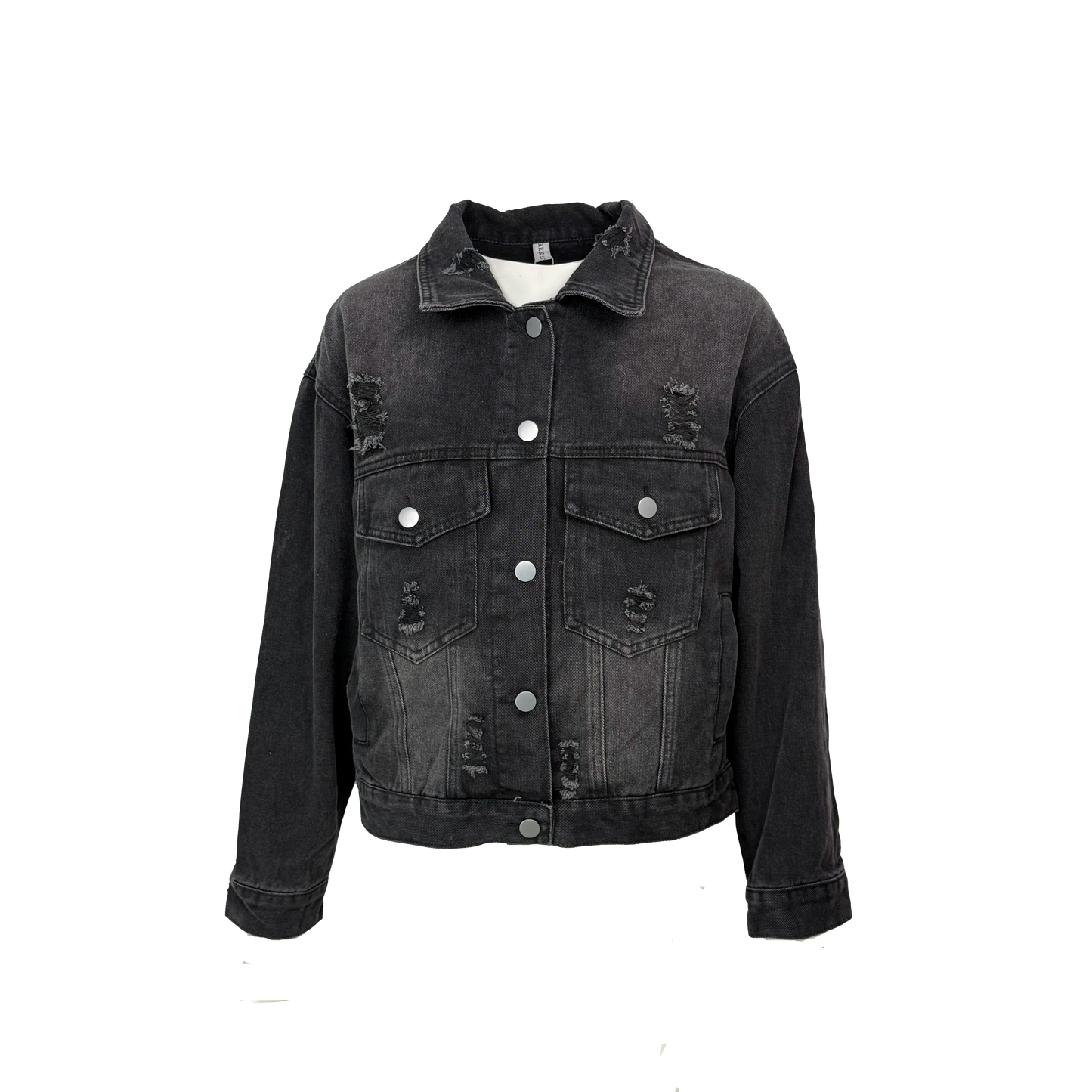 Jacheta denim neagra cu efecte distressed - simpla