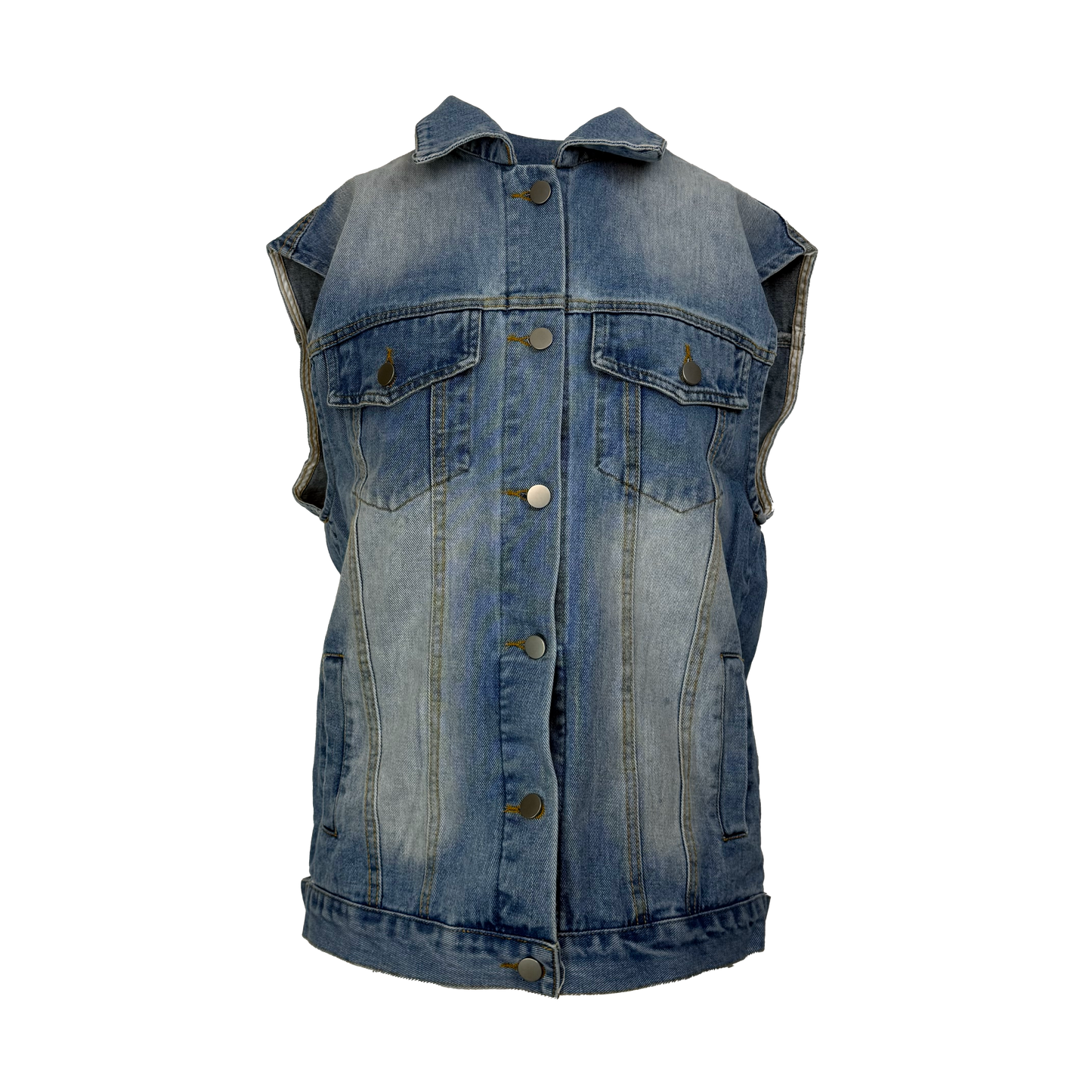 Vesta denim albastra cu buzunare si efect washed - simpla