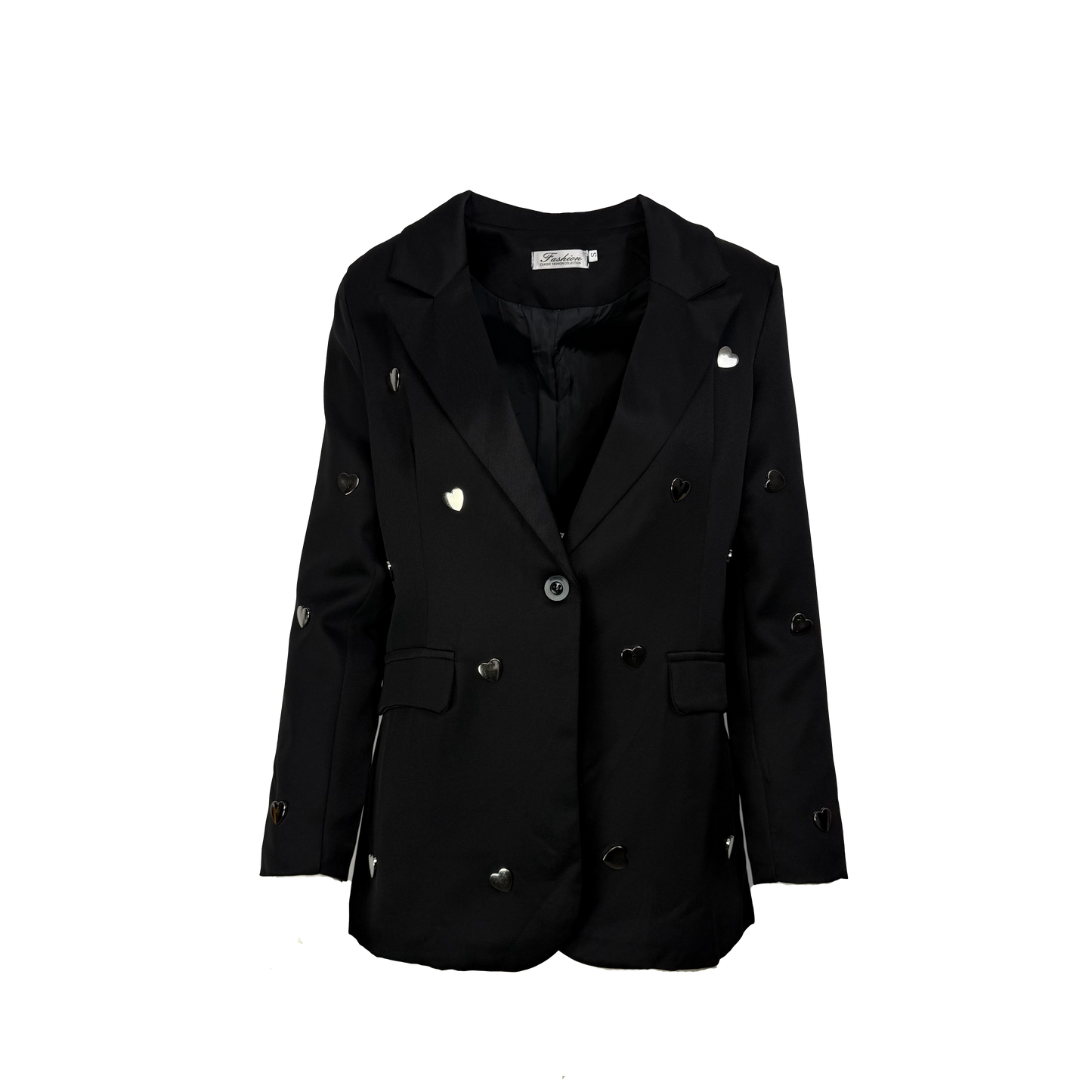 Sacou negru oversized cu aplicatii metalice in forma de inima