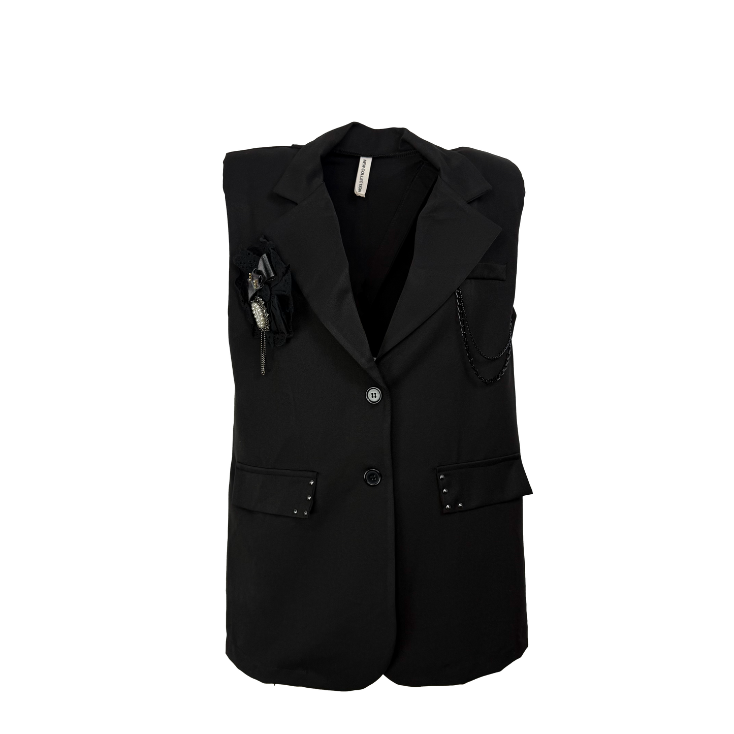 Sacou negru fara maneci - accesorizat manual