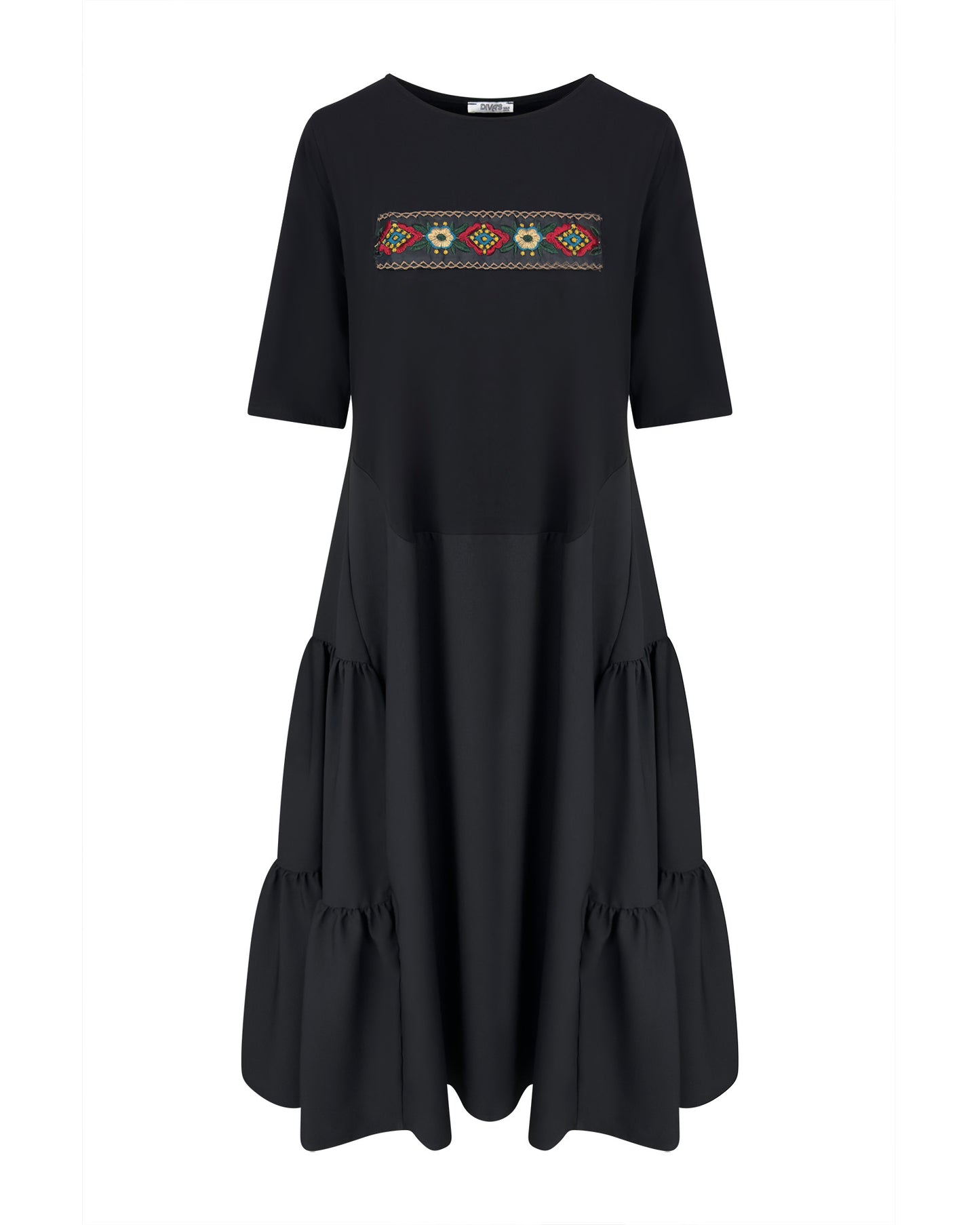 Rochie neagra cu aplicatii si volane laterale - model floral