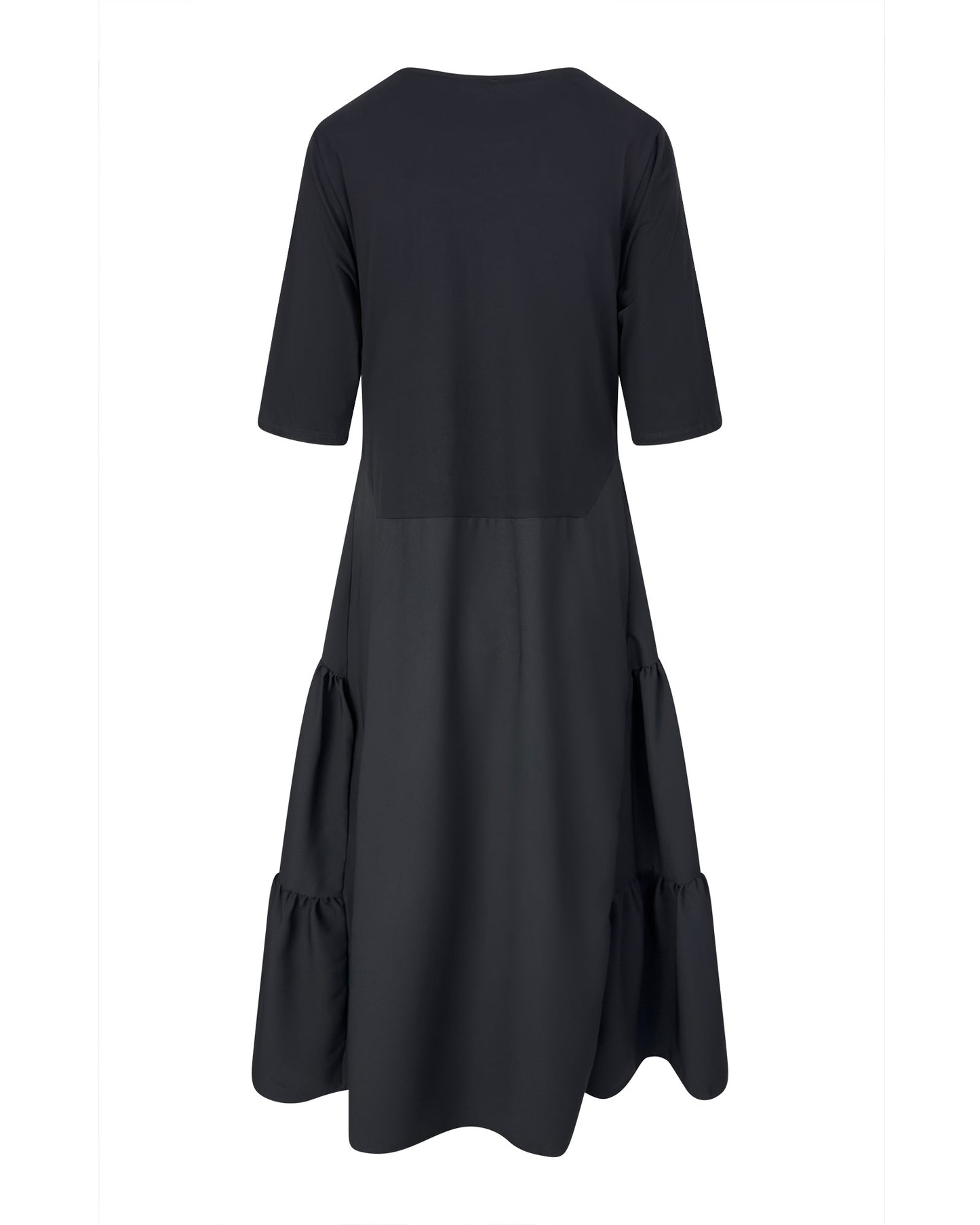 Rochie neagra cu aplicatii si volane laterale - model floral