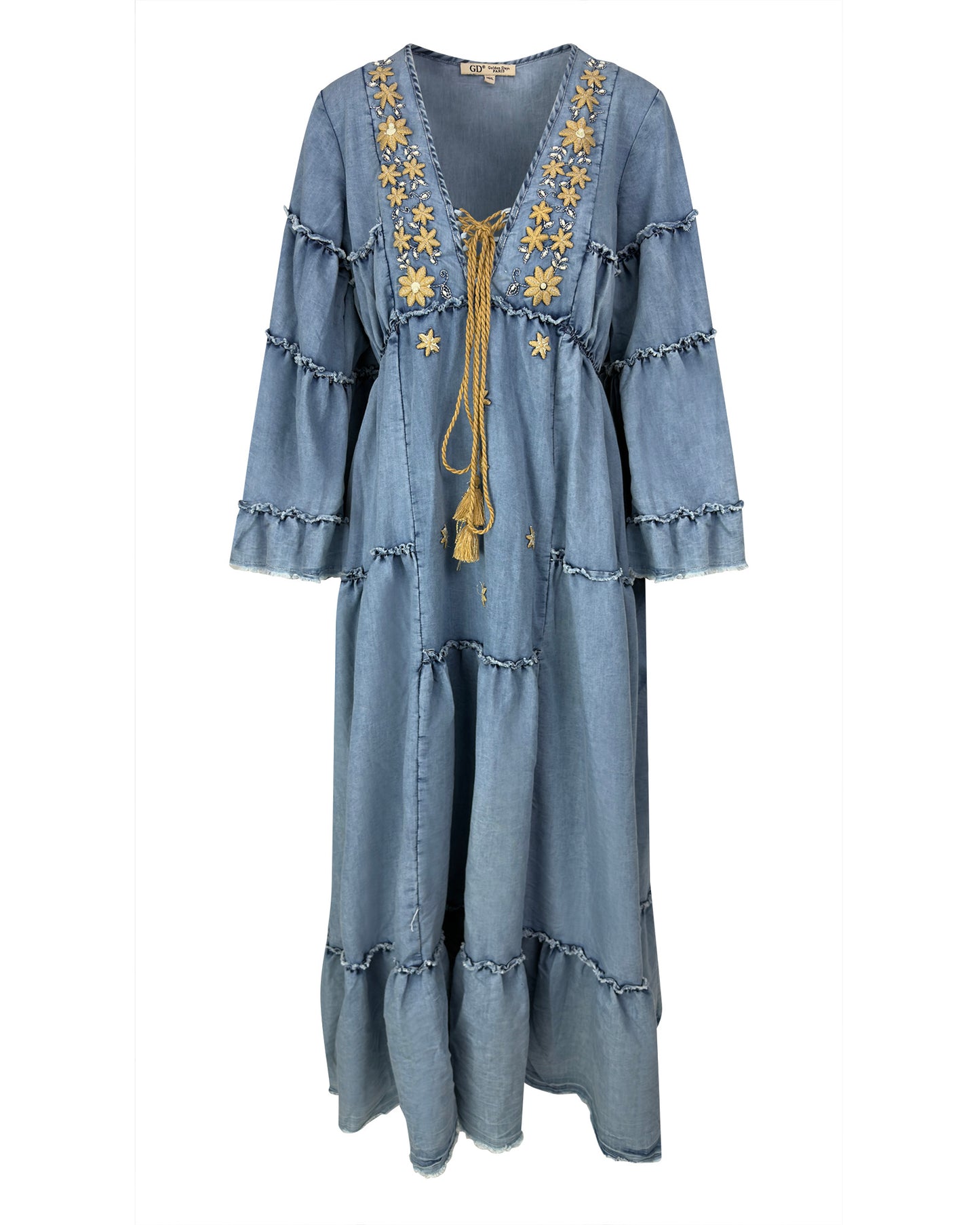 Rochie lunga boho-chic cu volane si broderie florala