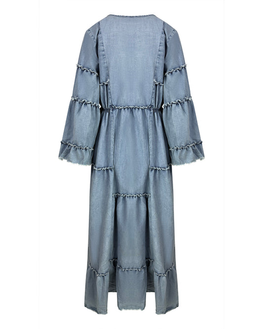 Rochie Lungă Boho din Bumbac cu Broderie Aurie (SM)