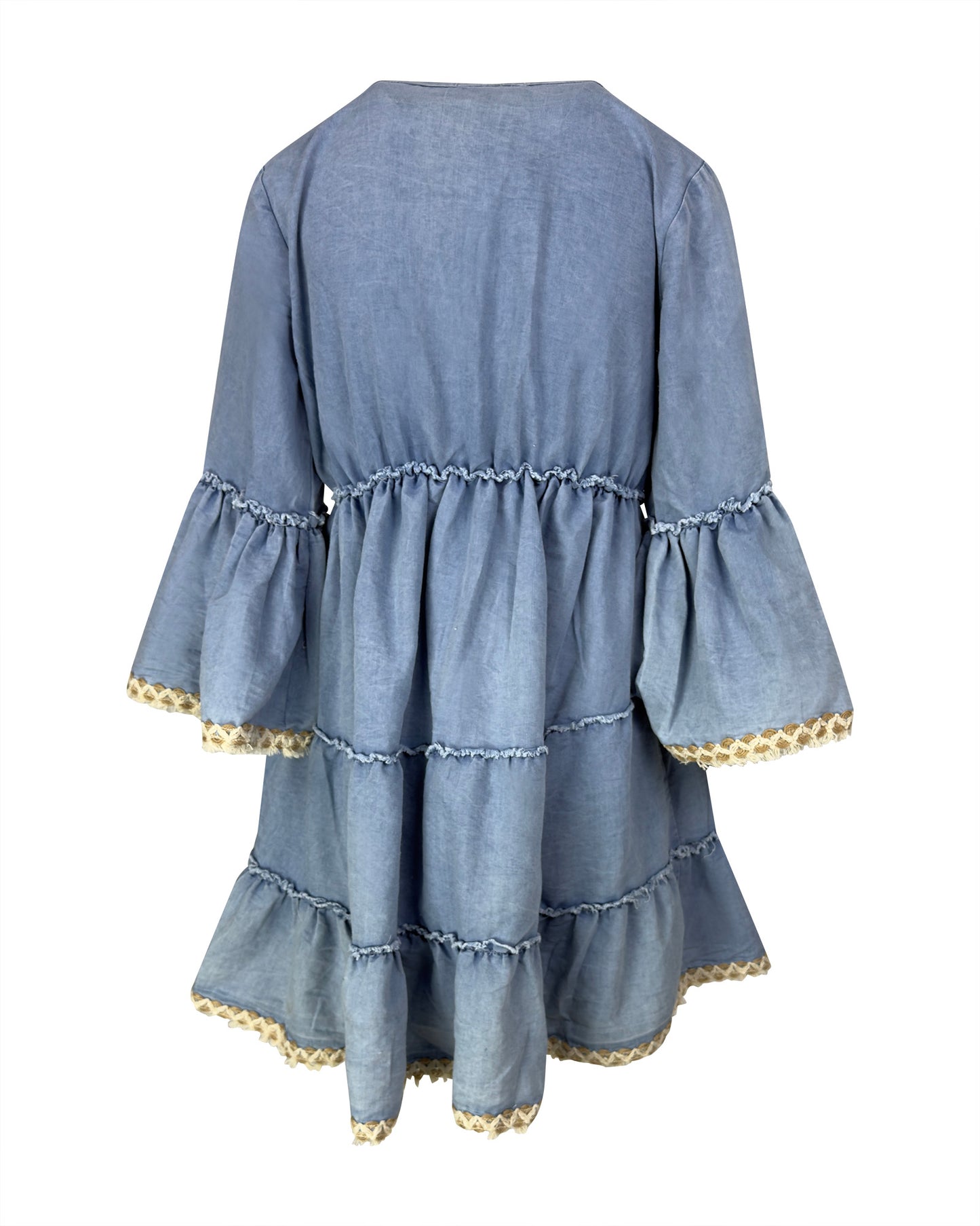 Rochie scurta albastra boho-chic cu broderie si volane