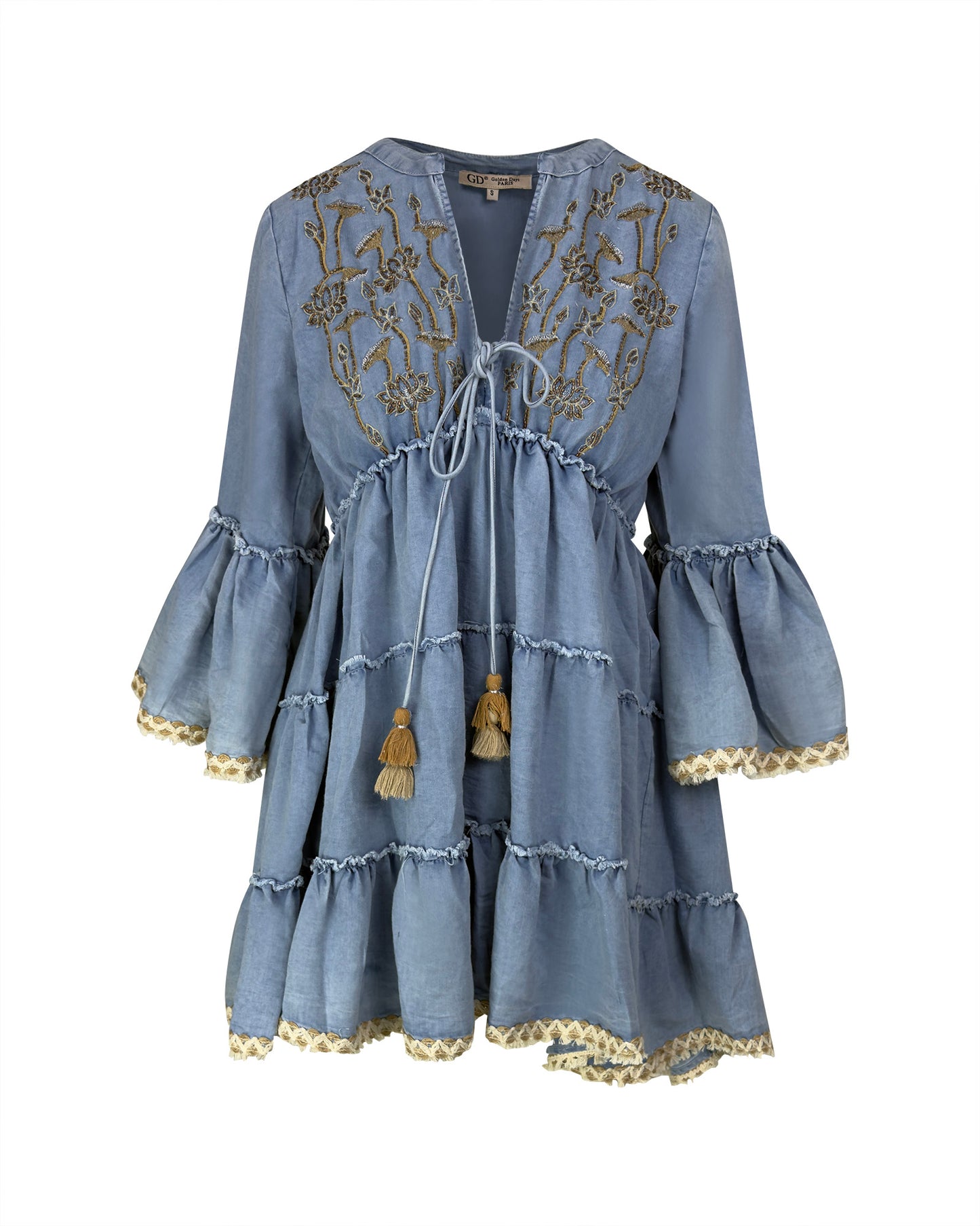 Rochie scurta albastra boho-chic cu broderie si volane