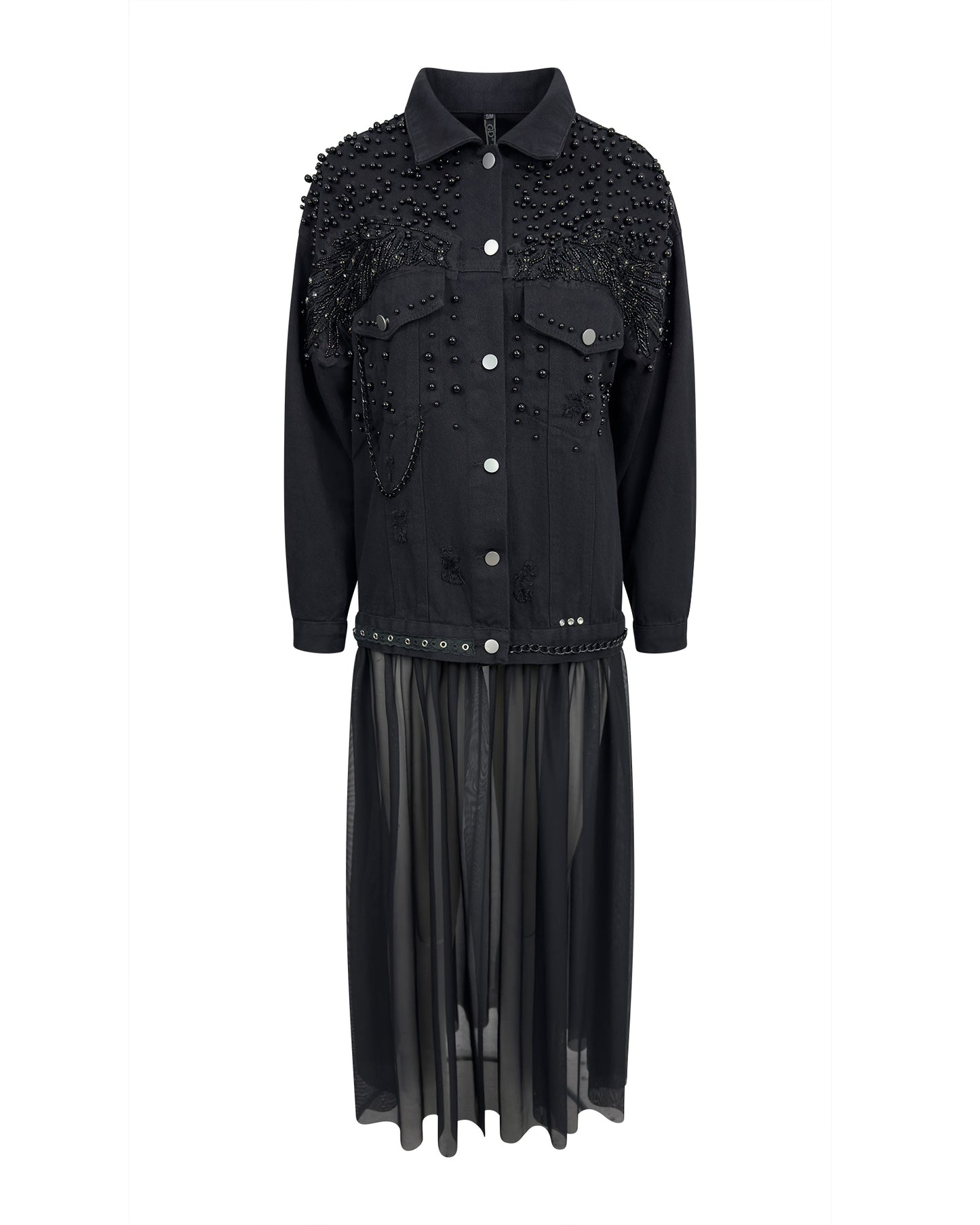Jacheta denim neagra cu margele si tulle - accesorizata manual