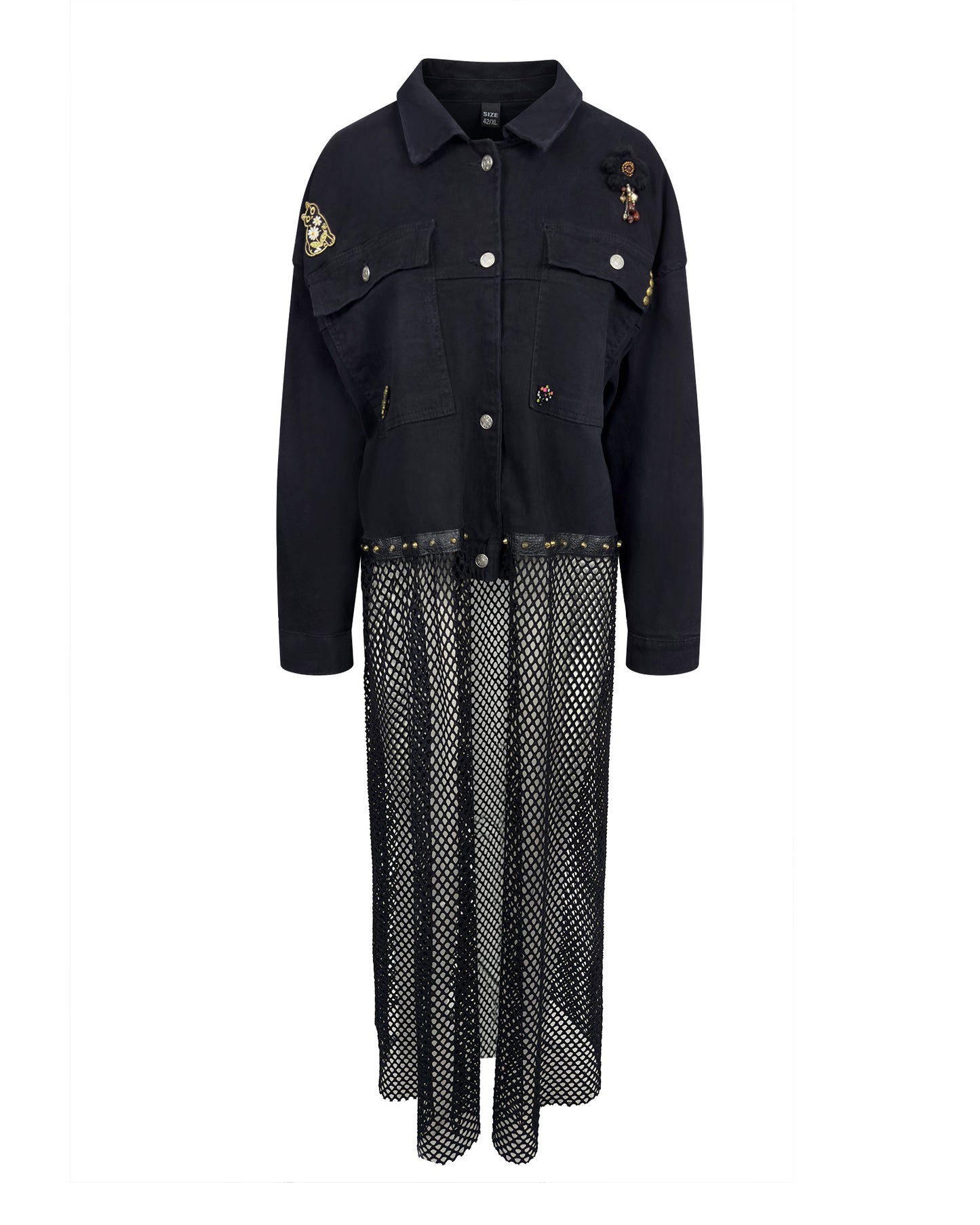 Jacheta denim neagra oversized cu plasa - accesorizata manual