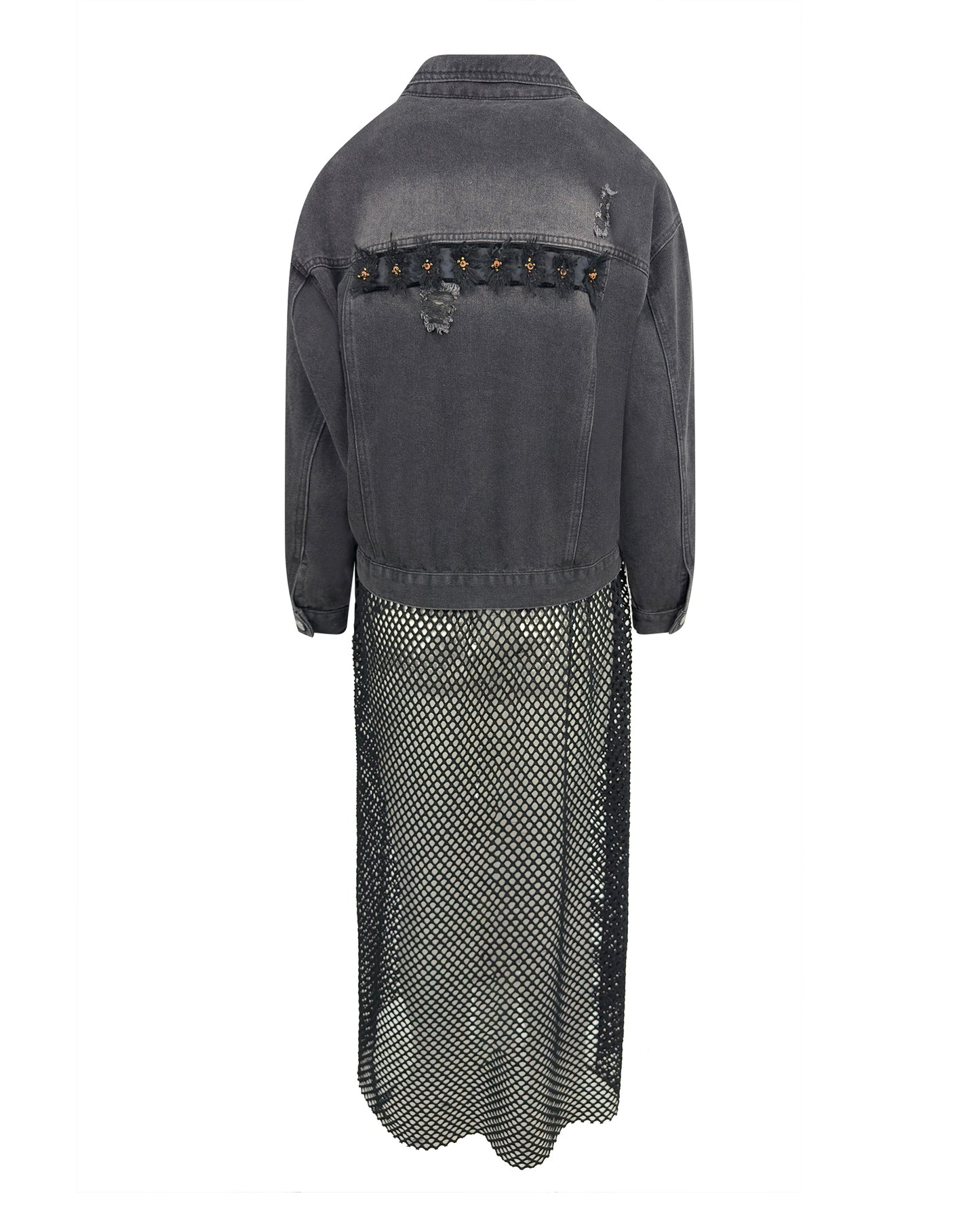 Jacheta denim neagra distressed cu plasa - accesorizata manual