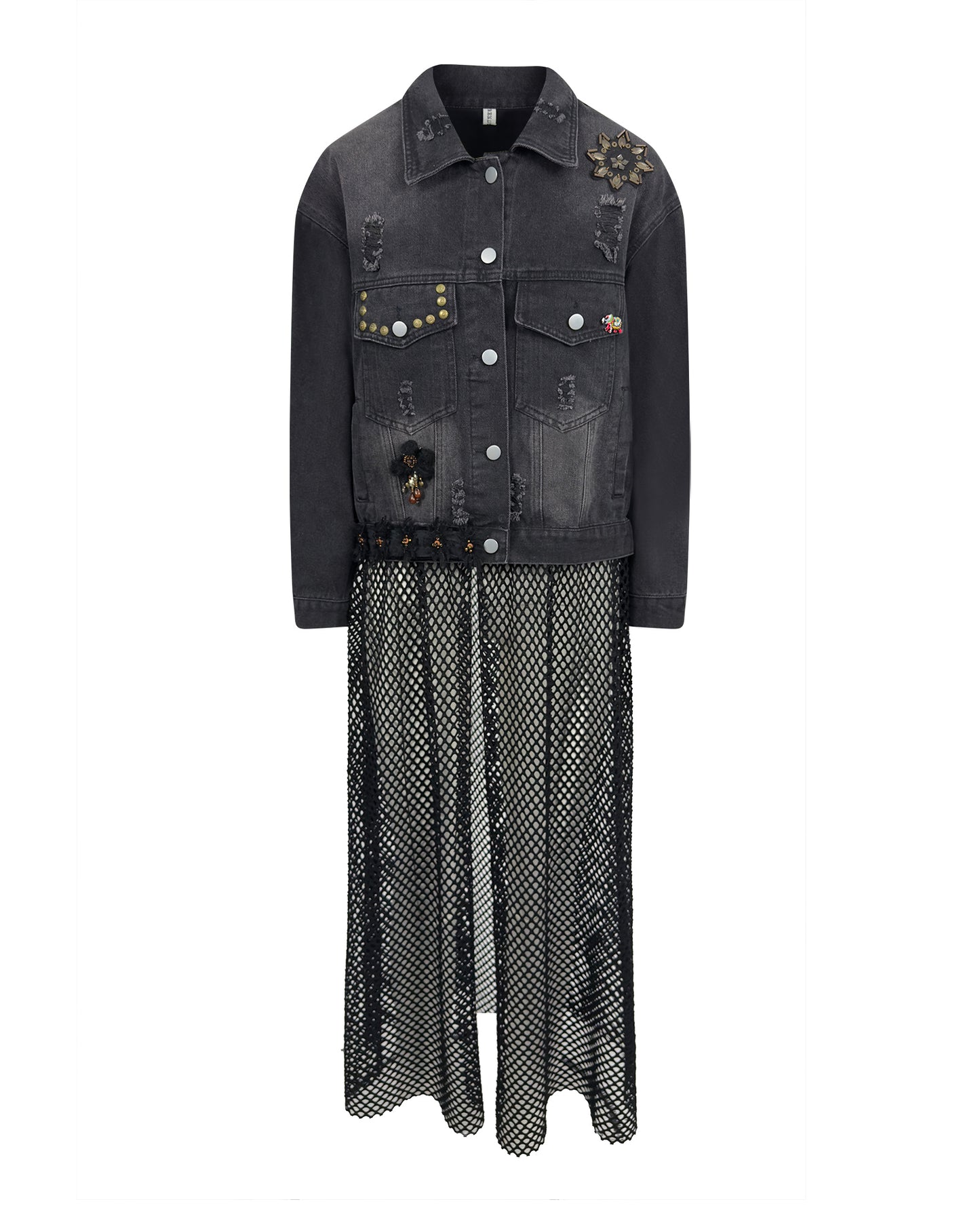 Jacheta denim neagra distressed cu plasa - accesorizata manual