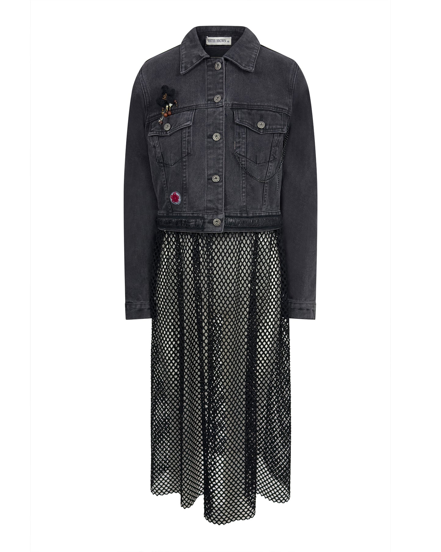 Jacheta denim neagra cu plasa si aplicatie urs - accesorizata manual
