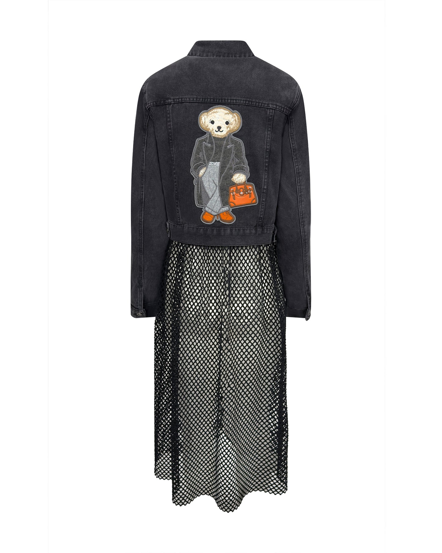 Jacheta denim neagra cu plasa si aplicatie urs - accesorizata manual