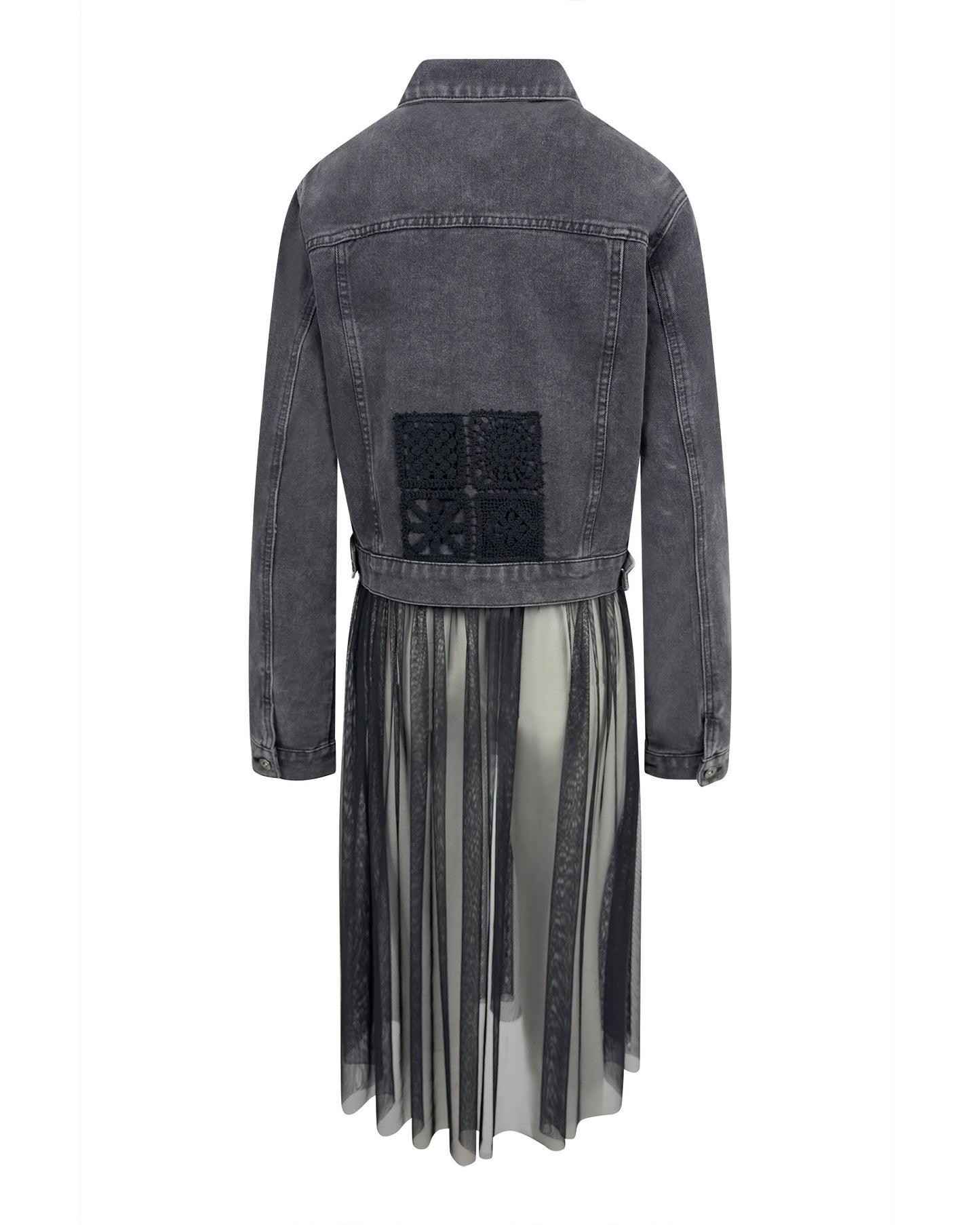 Jacheta denim neagra cu tulle si brosa vintage - accesorizata manual