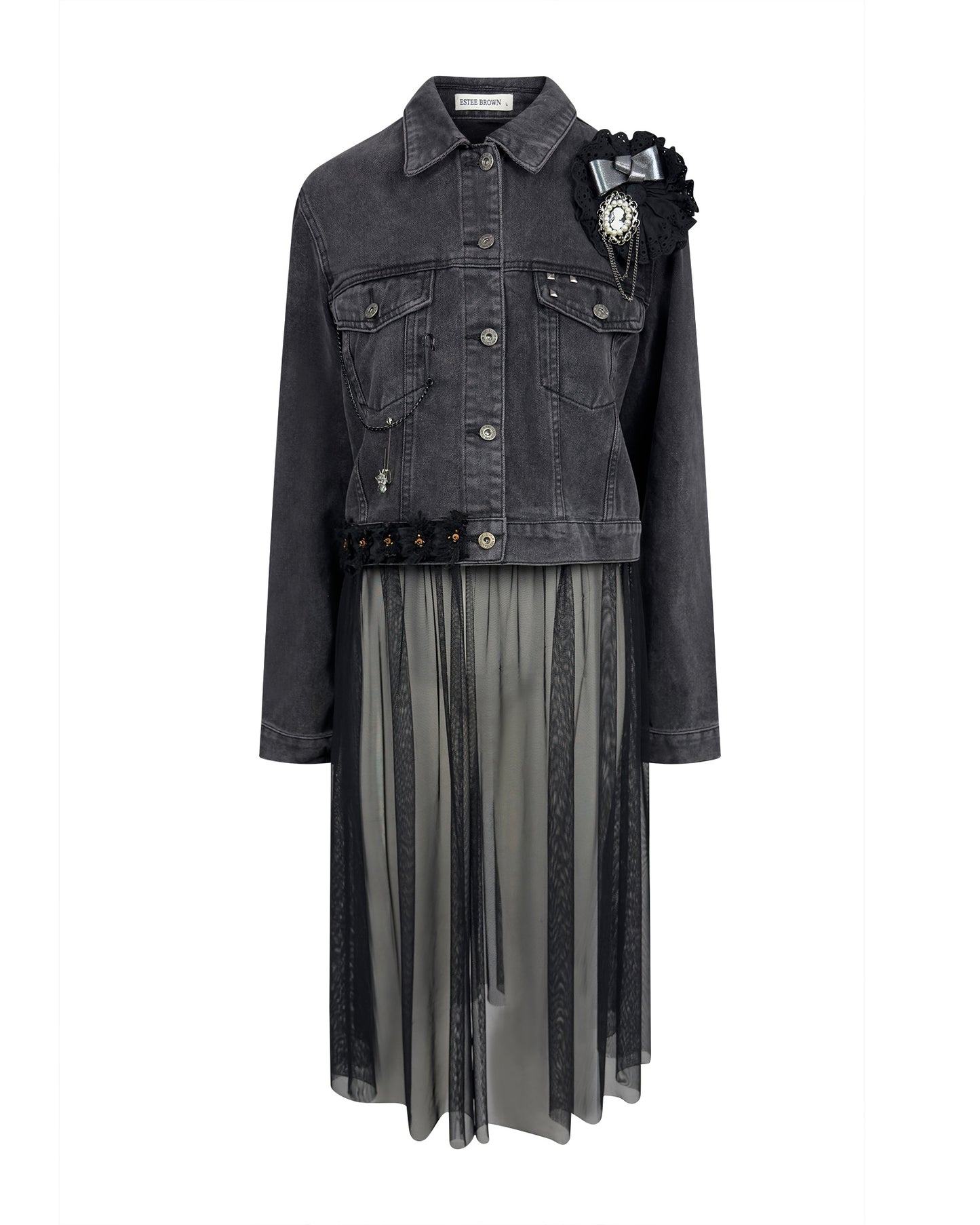 Jacheta denim neagra cu tulle si brosa vintage - accesorizata manual