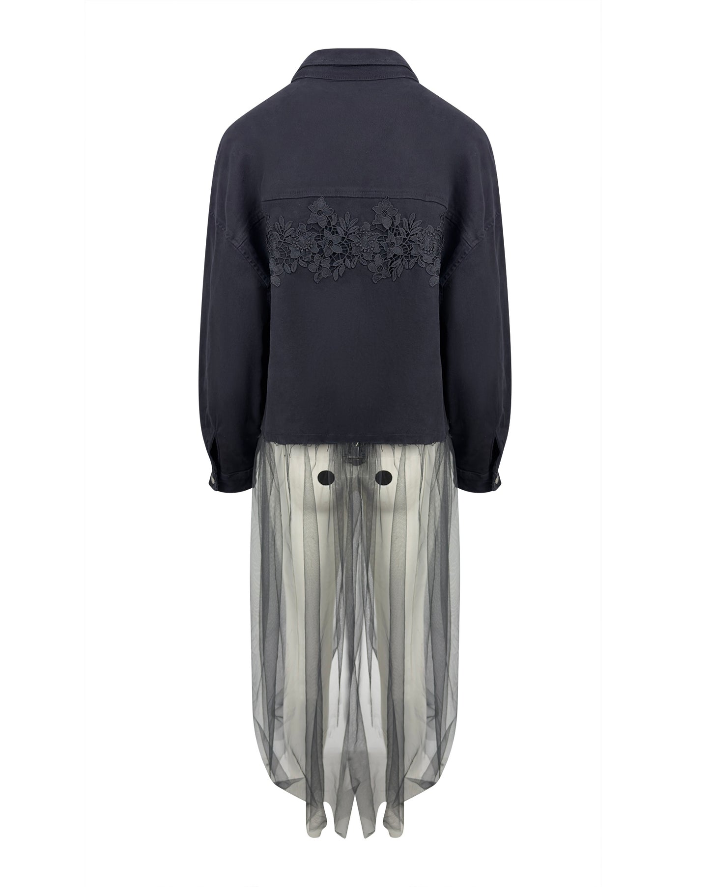 Jacheta denim neagra cu tulle si aplicatii decorative - accesorizata manual