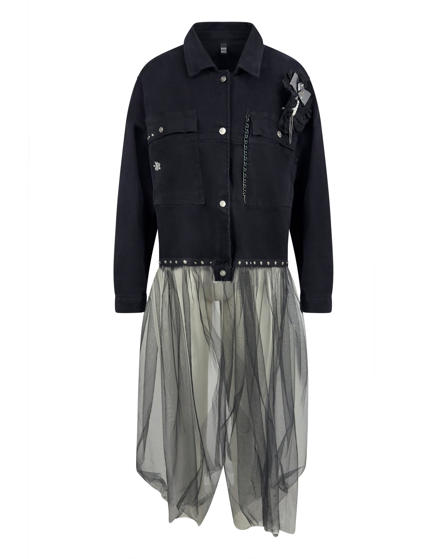 Jacheta denim neagra cu tulle si aplicatii decorative - accesorizata manual