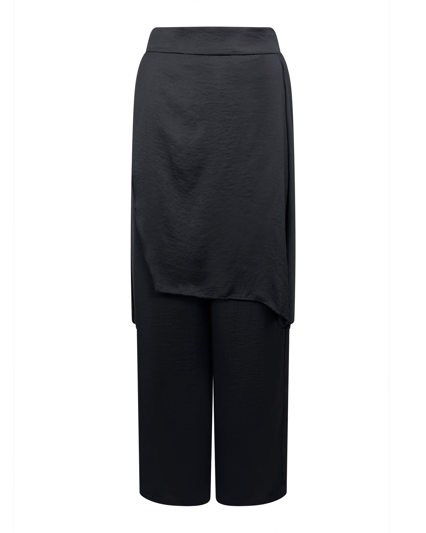 Pantaloni negri largi cu talie elastica si suprapunere tip fusta – material lejer