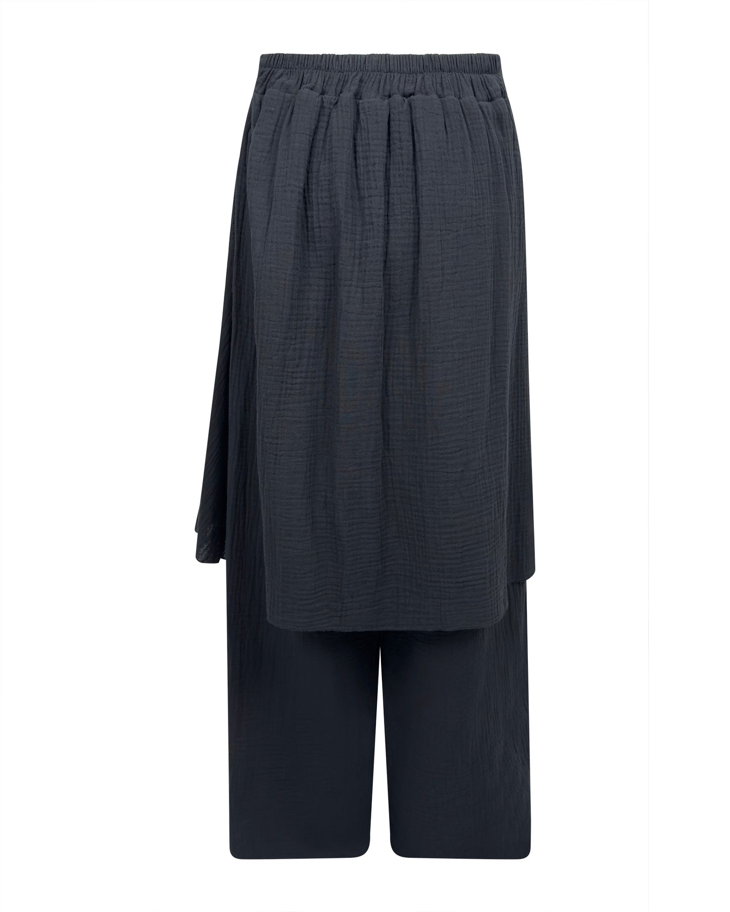 Pantaloni negri largi cu talie elastica si suprapunere tip fusta – bumbac lejer