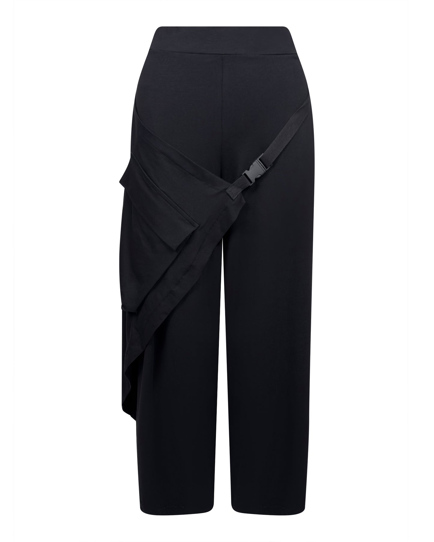 Pantaloni negri largi cu talie elastica si buzunar din material textil