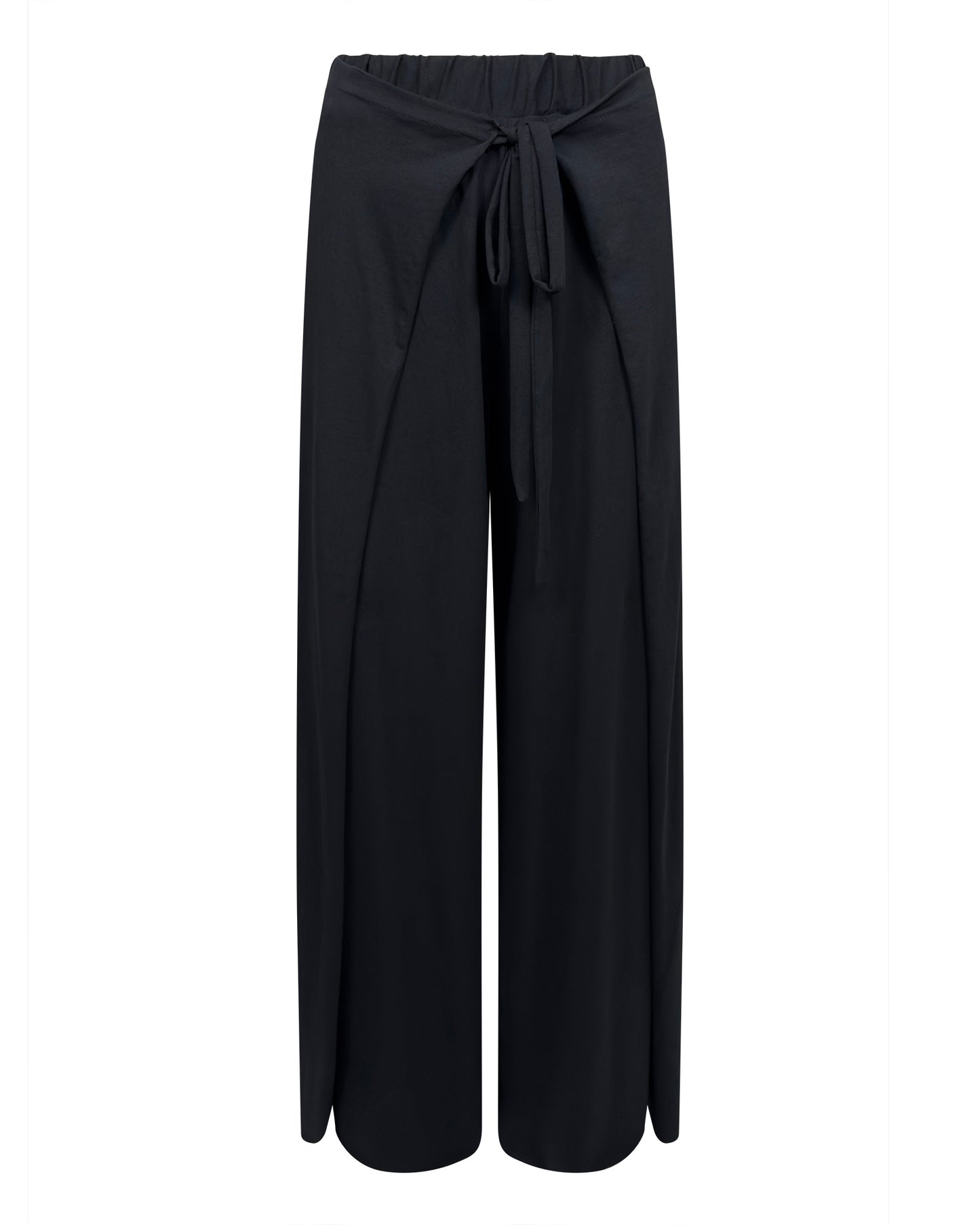 Pantaloni largi din material lejer de vara cu slit lateral si cordon – negru