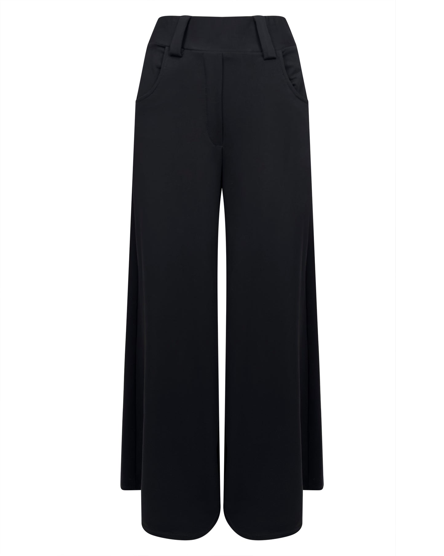 Pantaloni negri largi, din jerse, simpli, versatili, care merg la orice ocazie