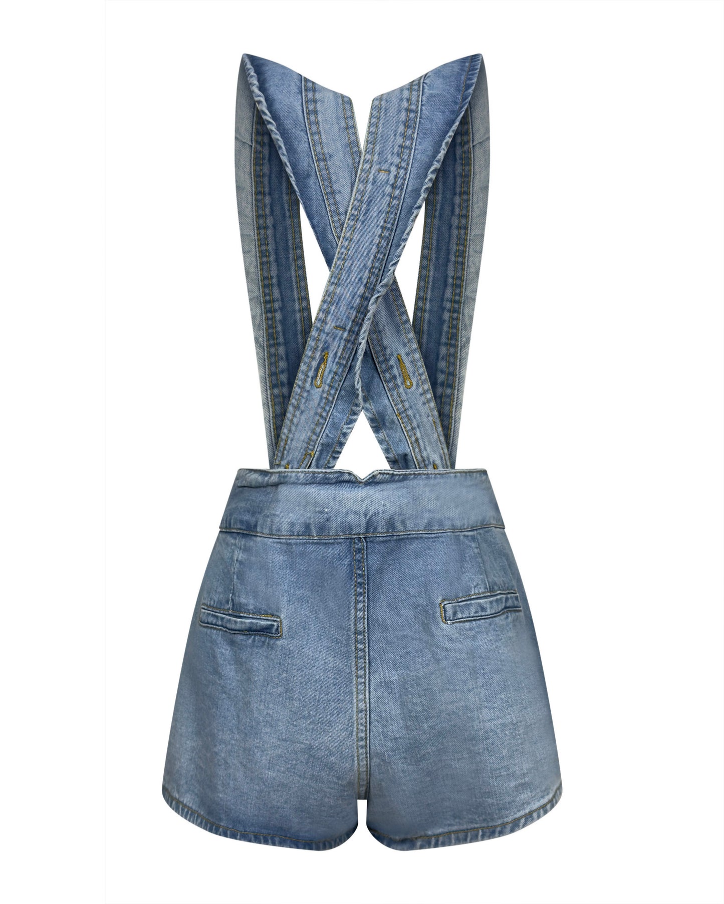 Salopeta scurta din denim cu bretele late incrucisate
