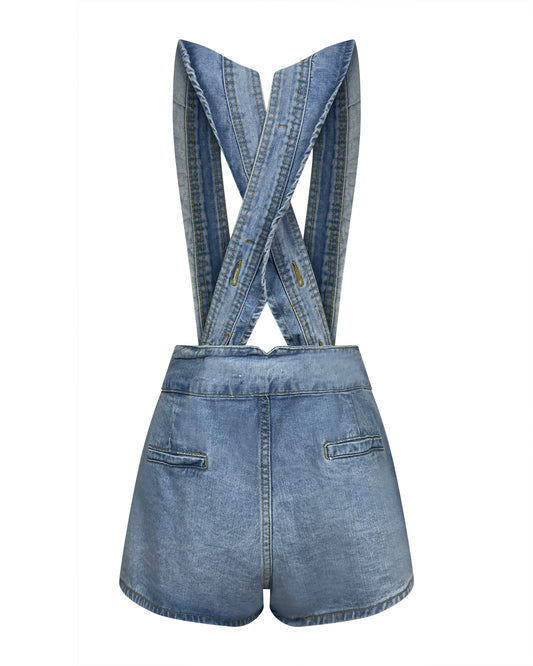 Pantaloni Scurți din Denim cu Bretele Arhitecturale (L)