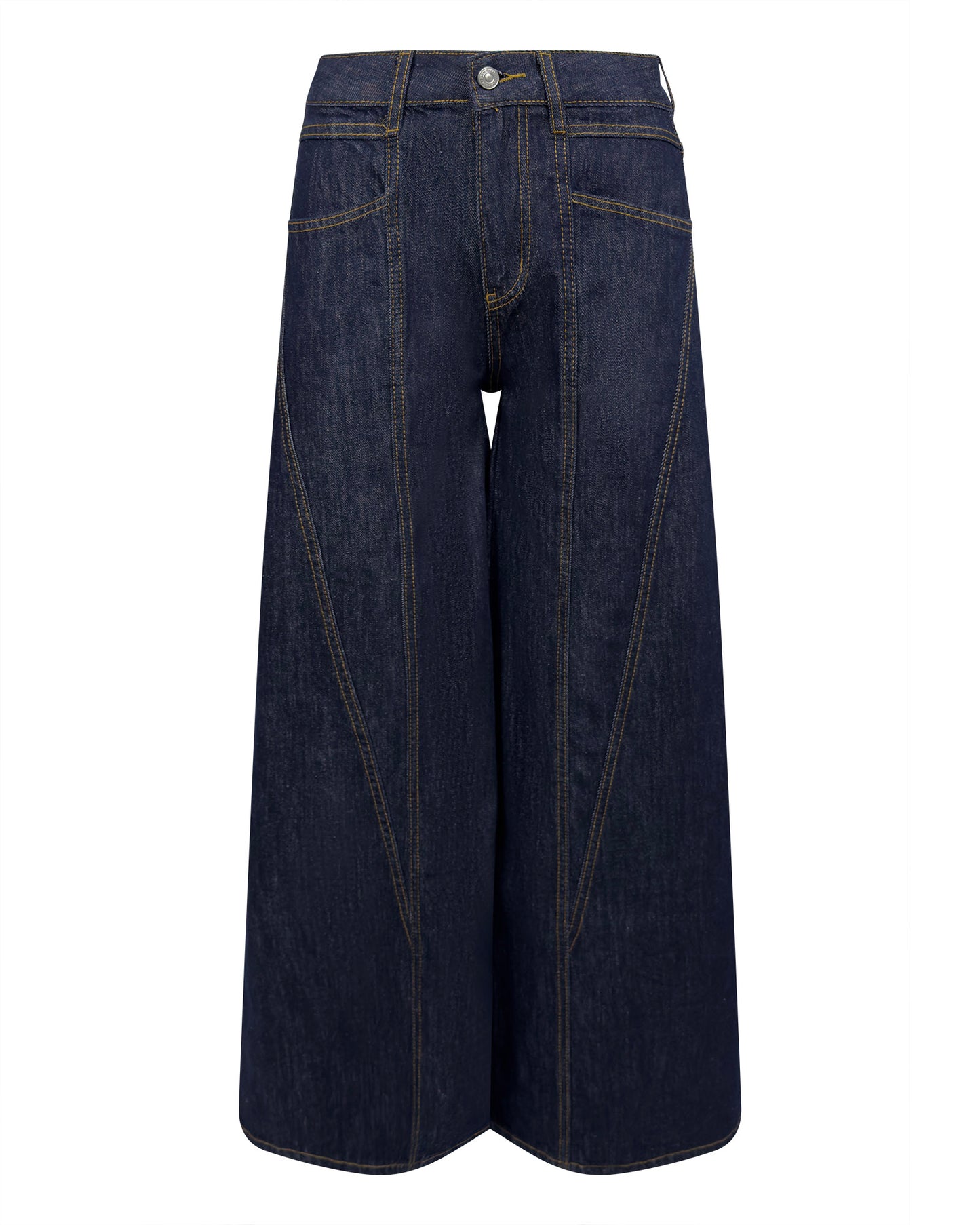 Blugi jeans albastrii cu picior wide si cusaturi in V