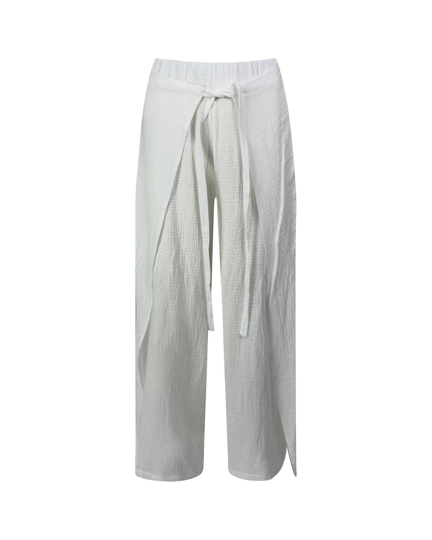 Pantaloni largi din muselina cu slit lateral si cordon – alb