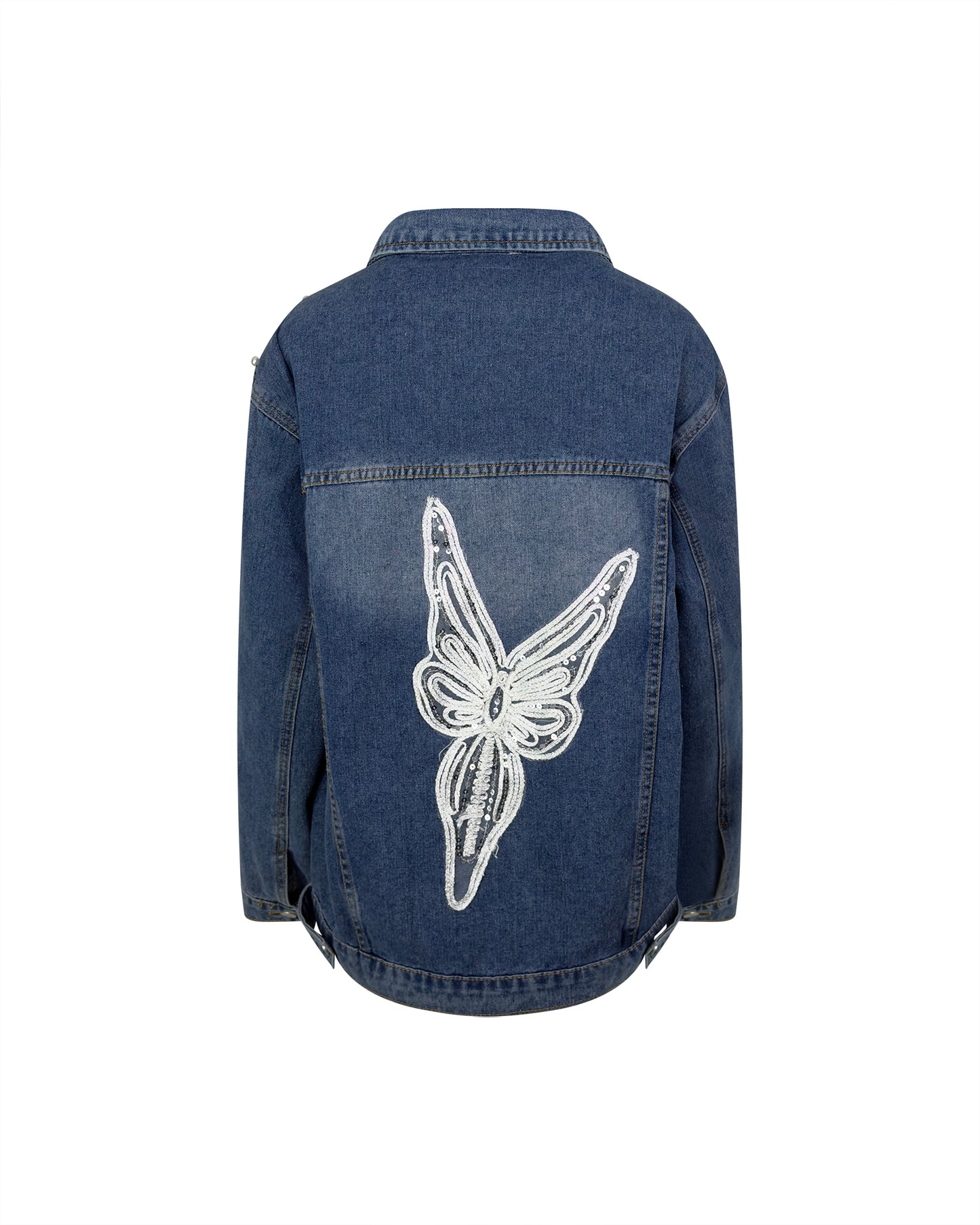 Jacheta denim cu perle, fluture brodat si detalii glam - accesorizata manual