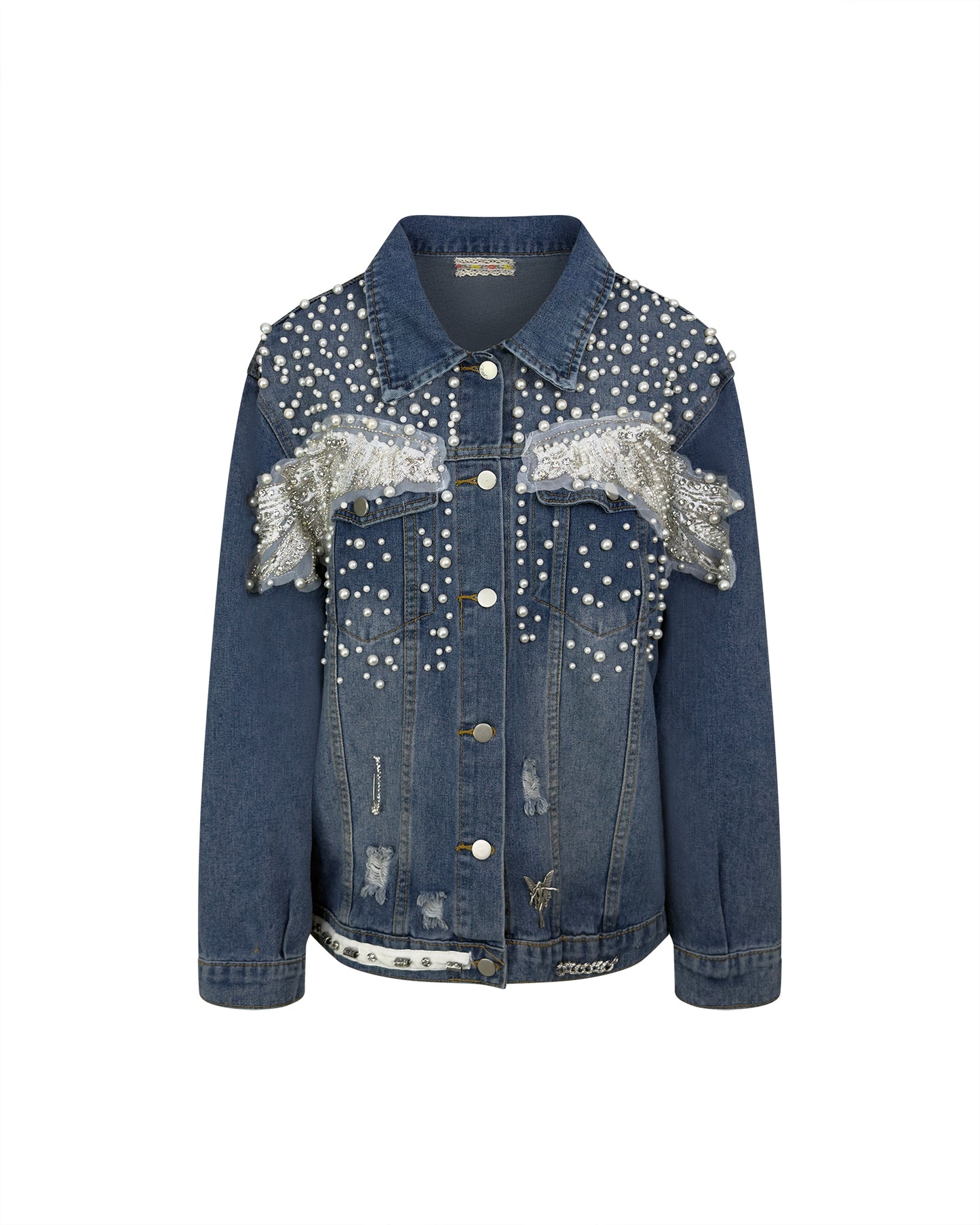 Jacheta denim cu perle, fluture brodat si detalii glam - accesorizata manual