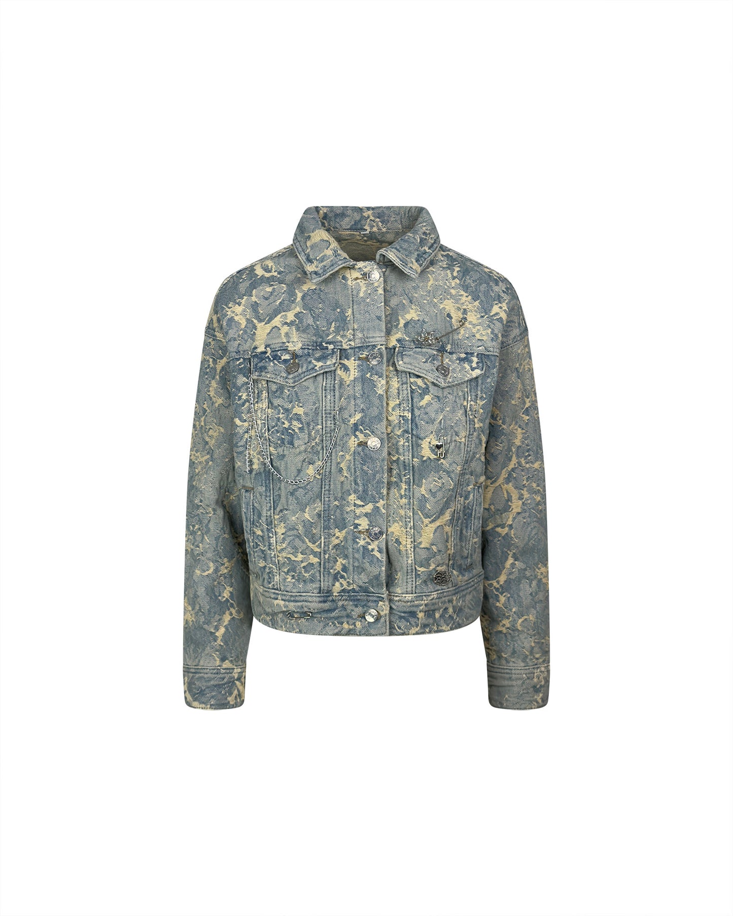 Jacheta denim prespalat marmorata cu efect - accesorizata manual