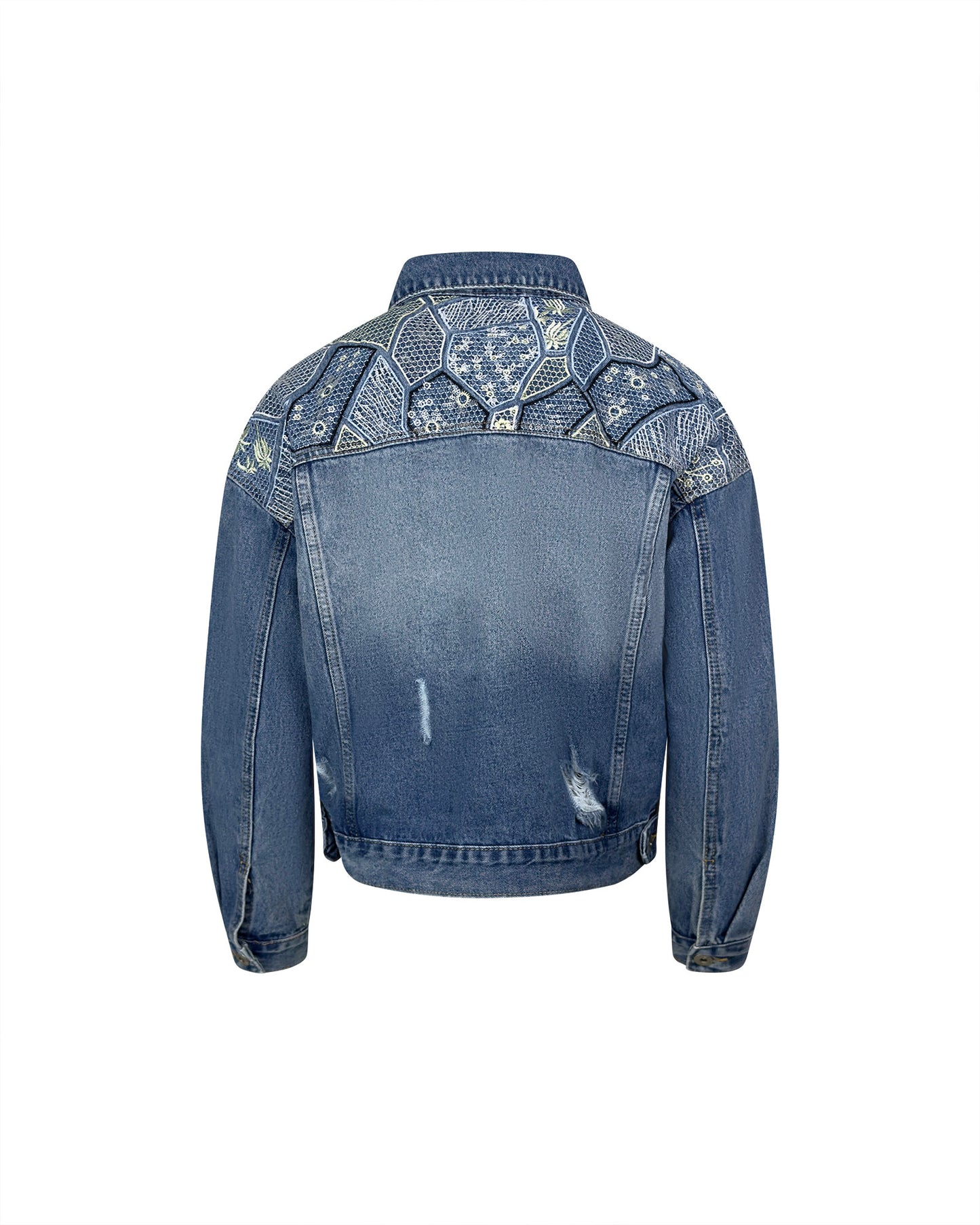 Jacheta denim albastra scurta cu broderie - simpla / accesorizata manual