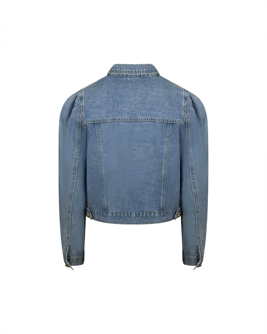 Jacheta denim albastra cu aplicatii stralucitoare si nasturi tip bijuterie - simpla / accesorizata manual