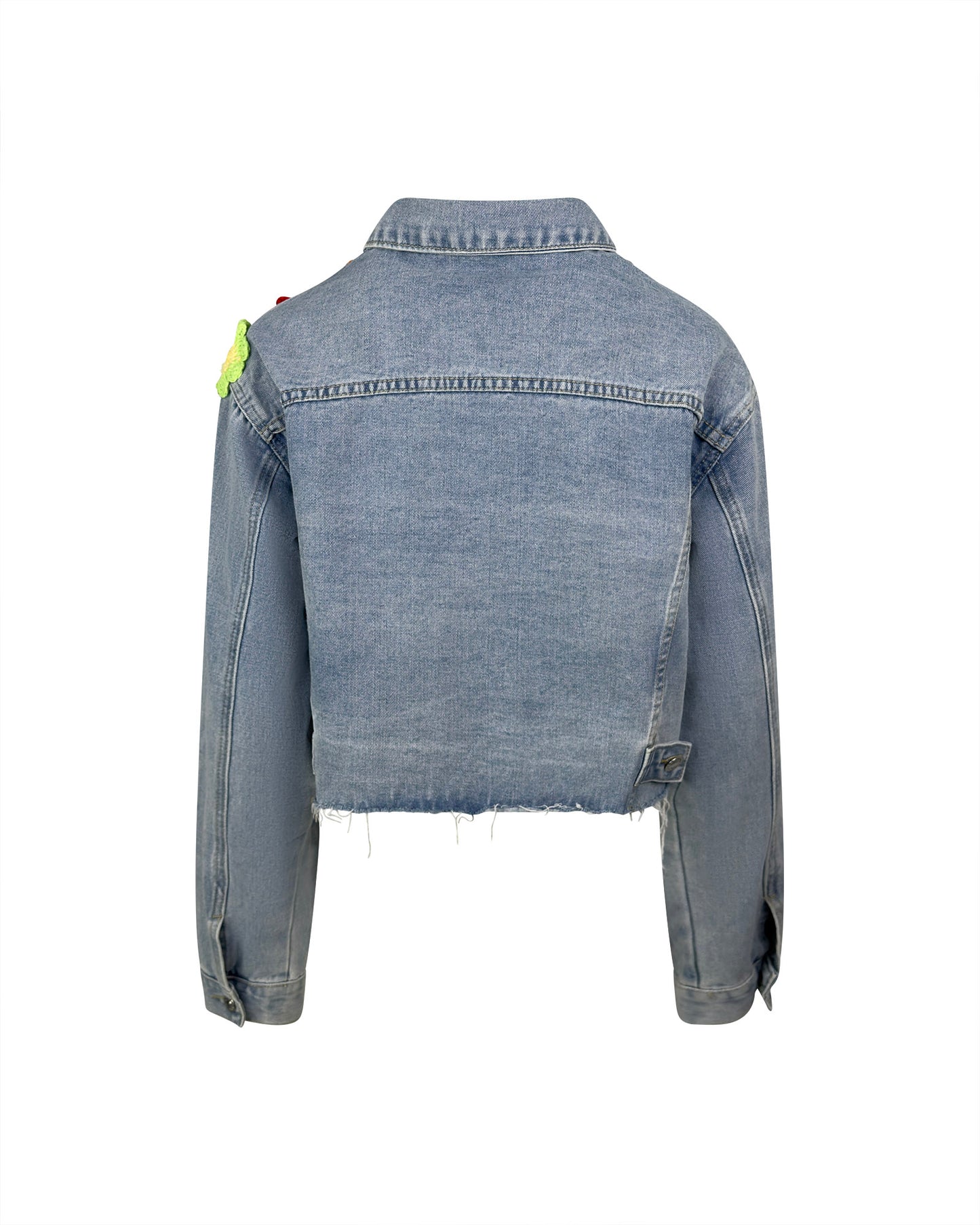 Jacheta denim albastra cropped cu flori crosetate - simpla / accesorizata manual