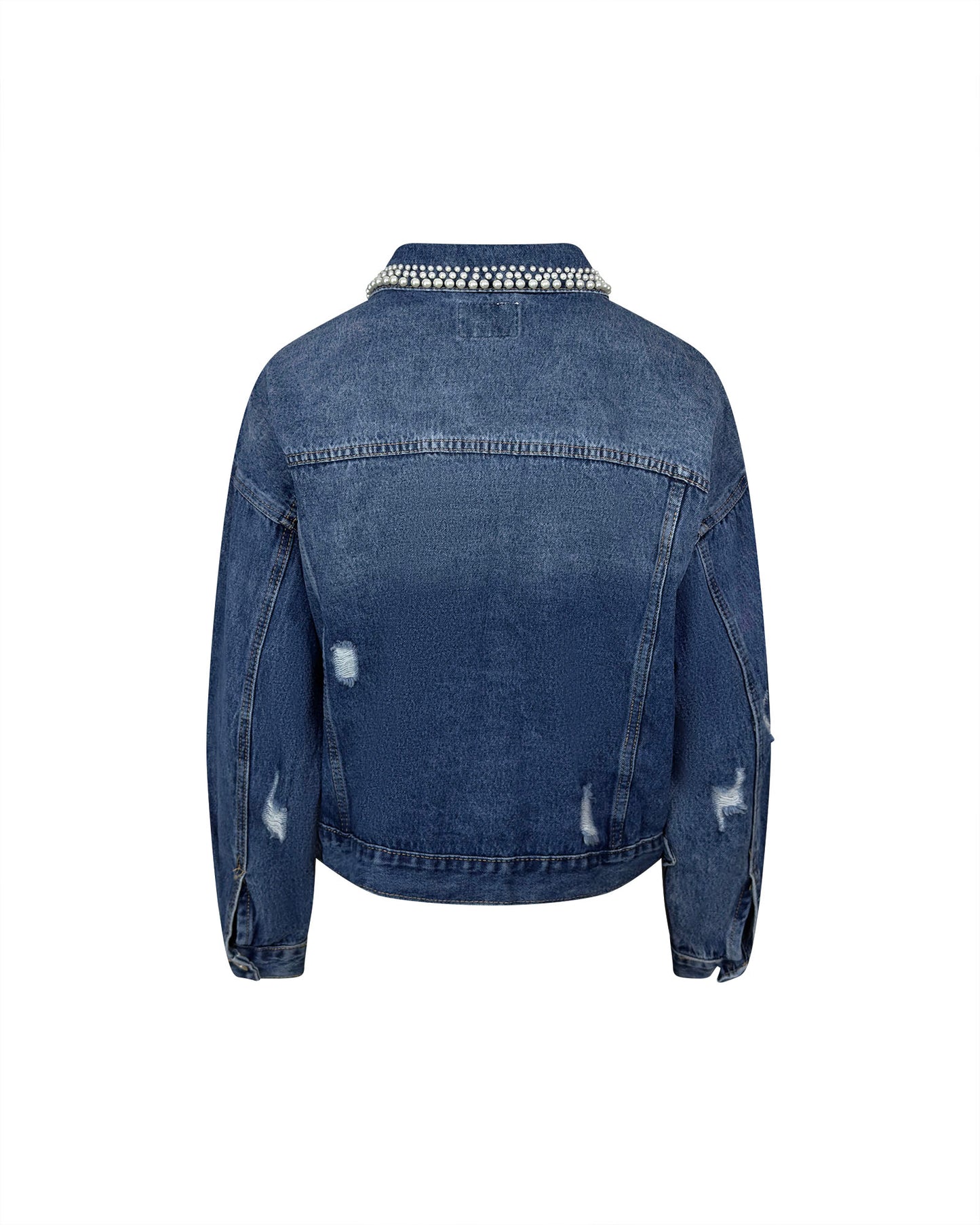 Jacheta denim albastra scurta cu perle aplicate - simpla / accesorizata manual