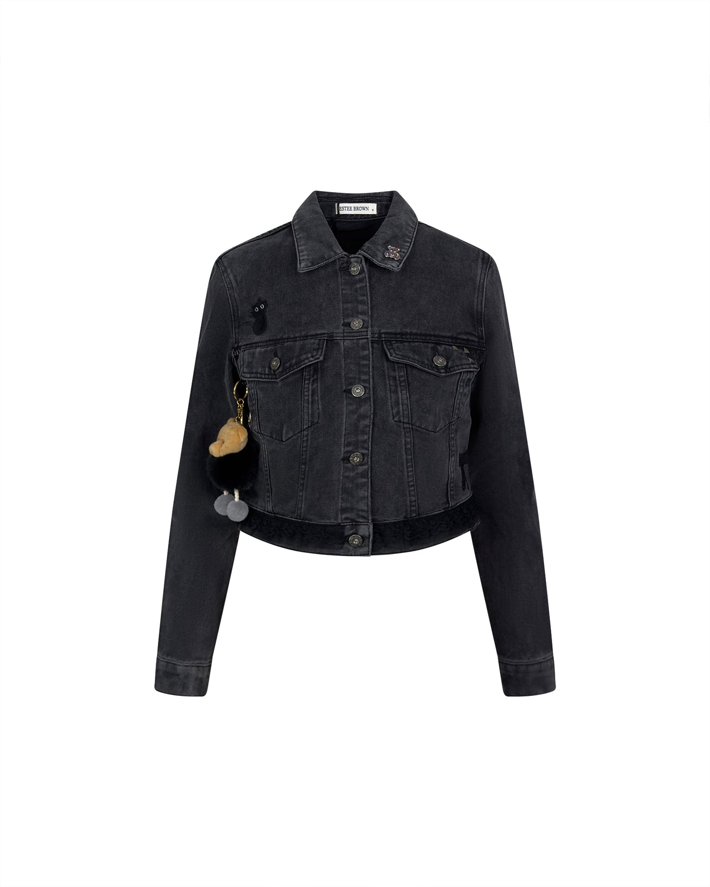 Jacheta neagra din denim cu urs brodat si aplicatii detasabile - accesorizata manual