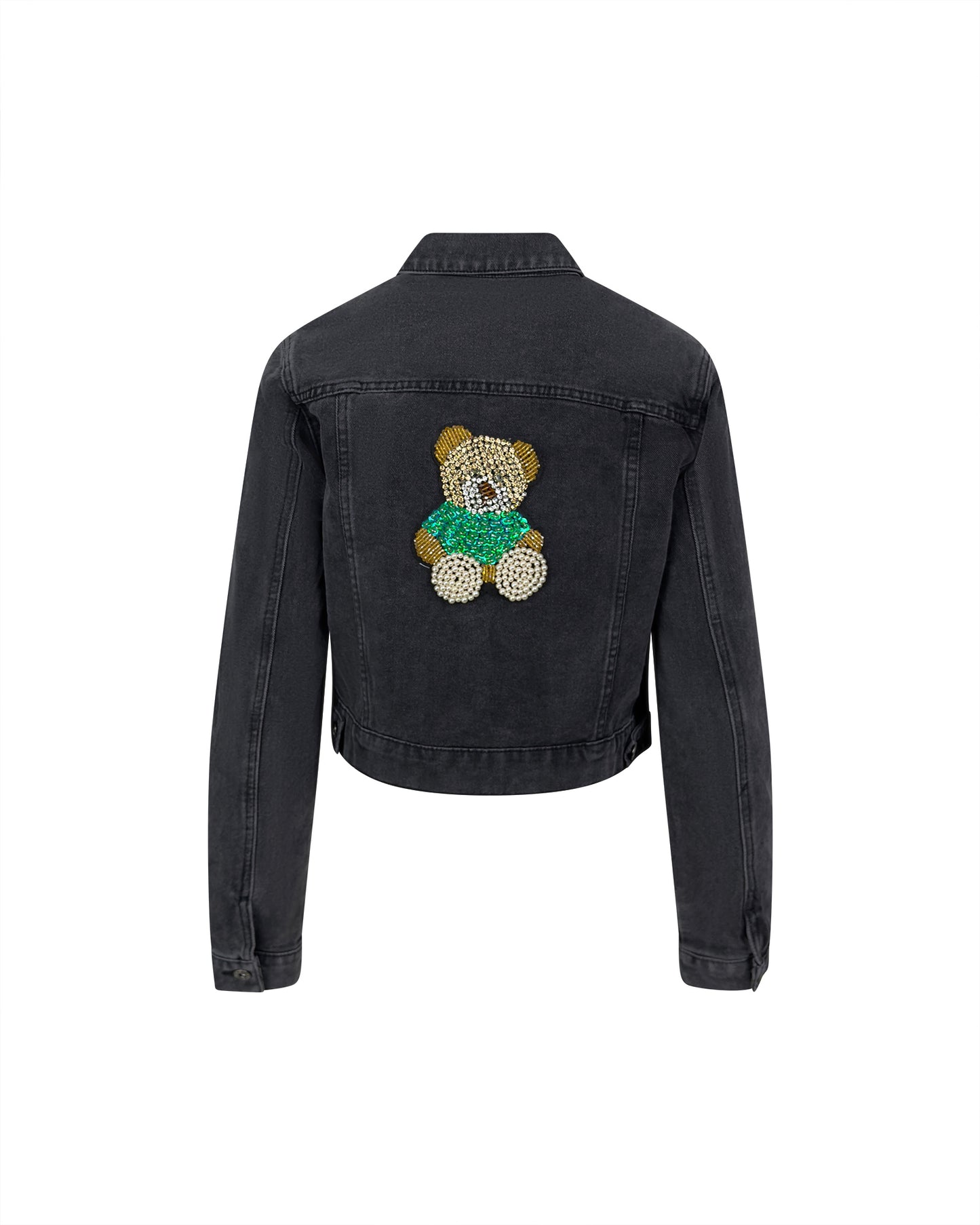 Jacheta neagra din denim cu urs brodat si aplicatii detasabile - accesorizata manual