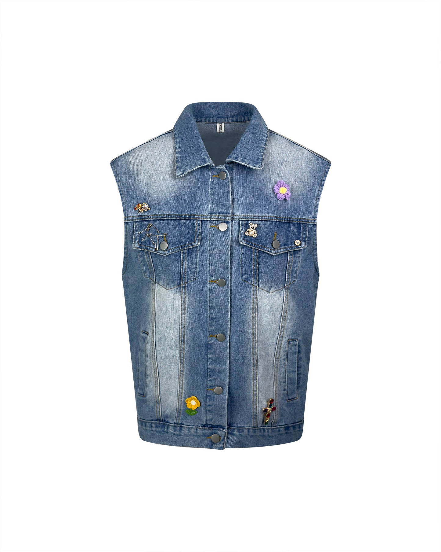 Vesta denim albastra cu aplicatie crosetata boho pe spate - simpla / accesorizata manual