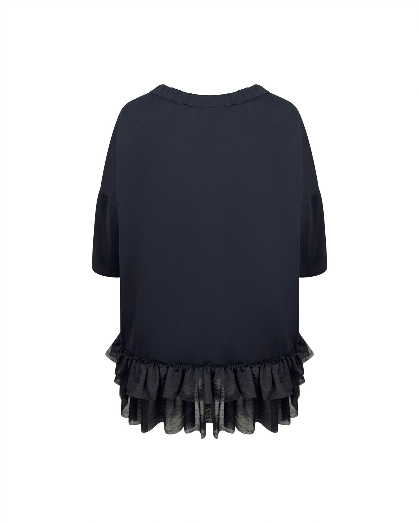 Bluză Oversized Neagră cu Volan din Tulle | Talie Unică | Qarma