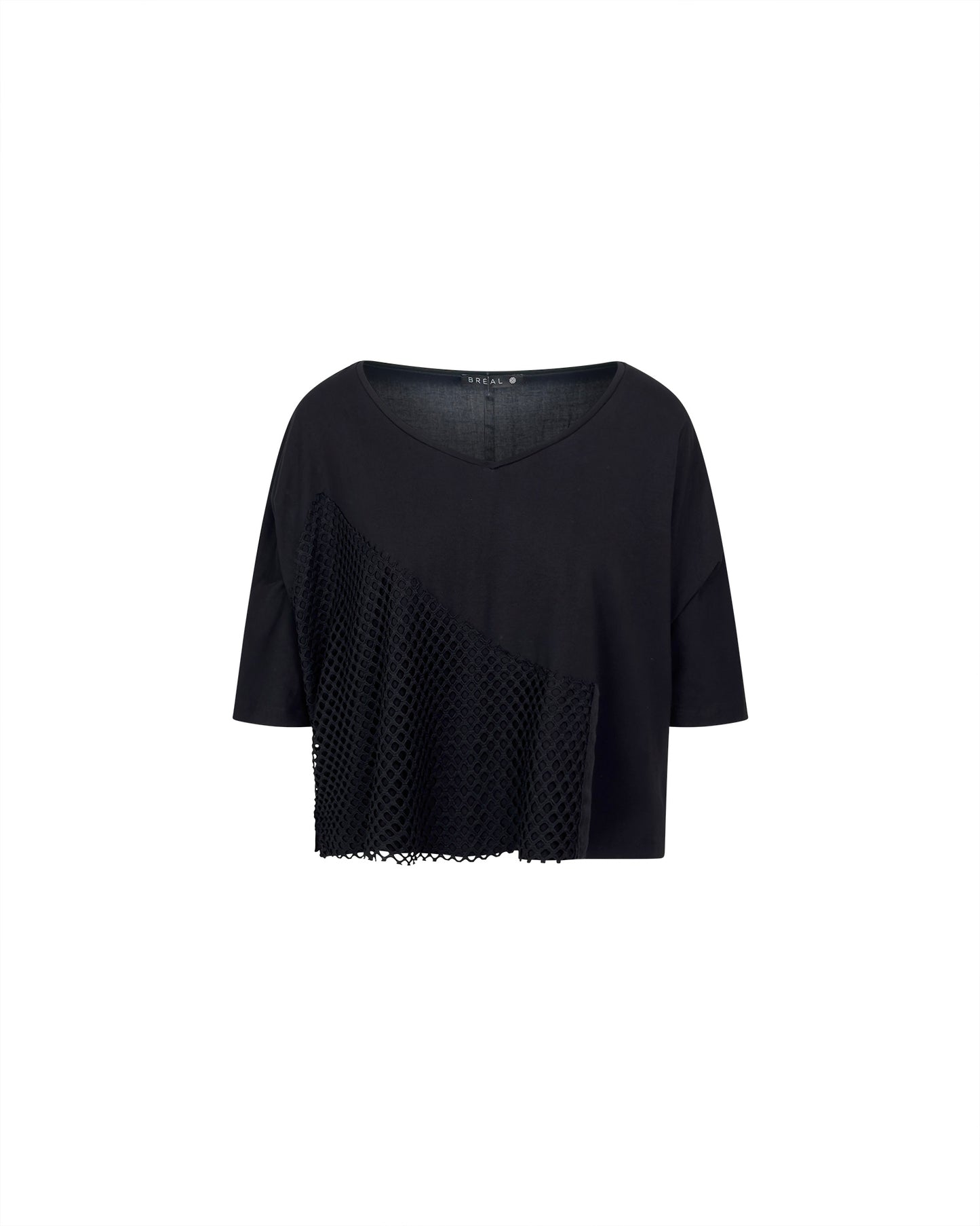 Bluza neagra scurta cropped cu insertie din plasa diagonala