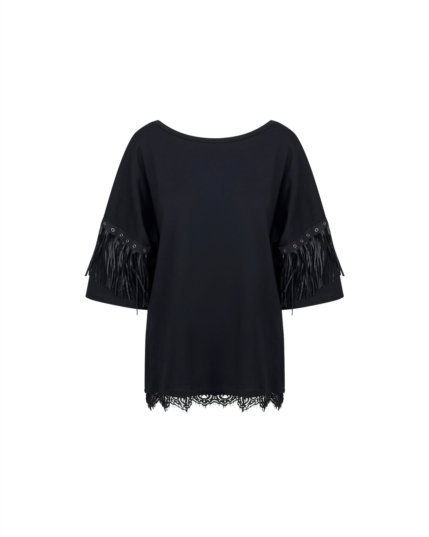 Tricou negru cu franjuri la maneci