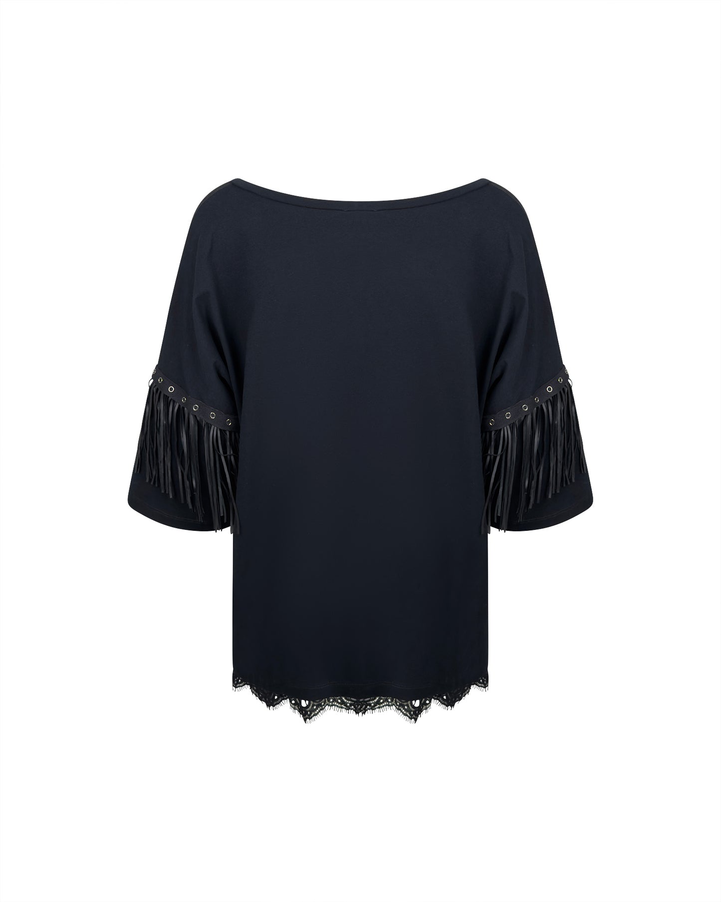 Tricou negru cu franjuri la maneci